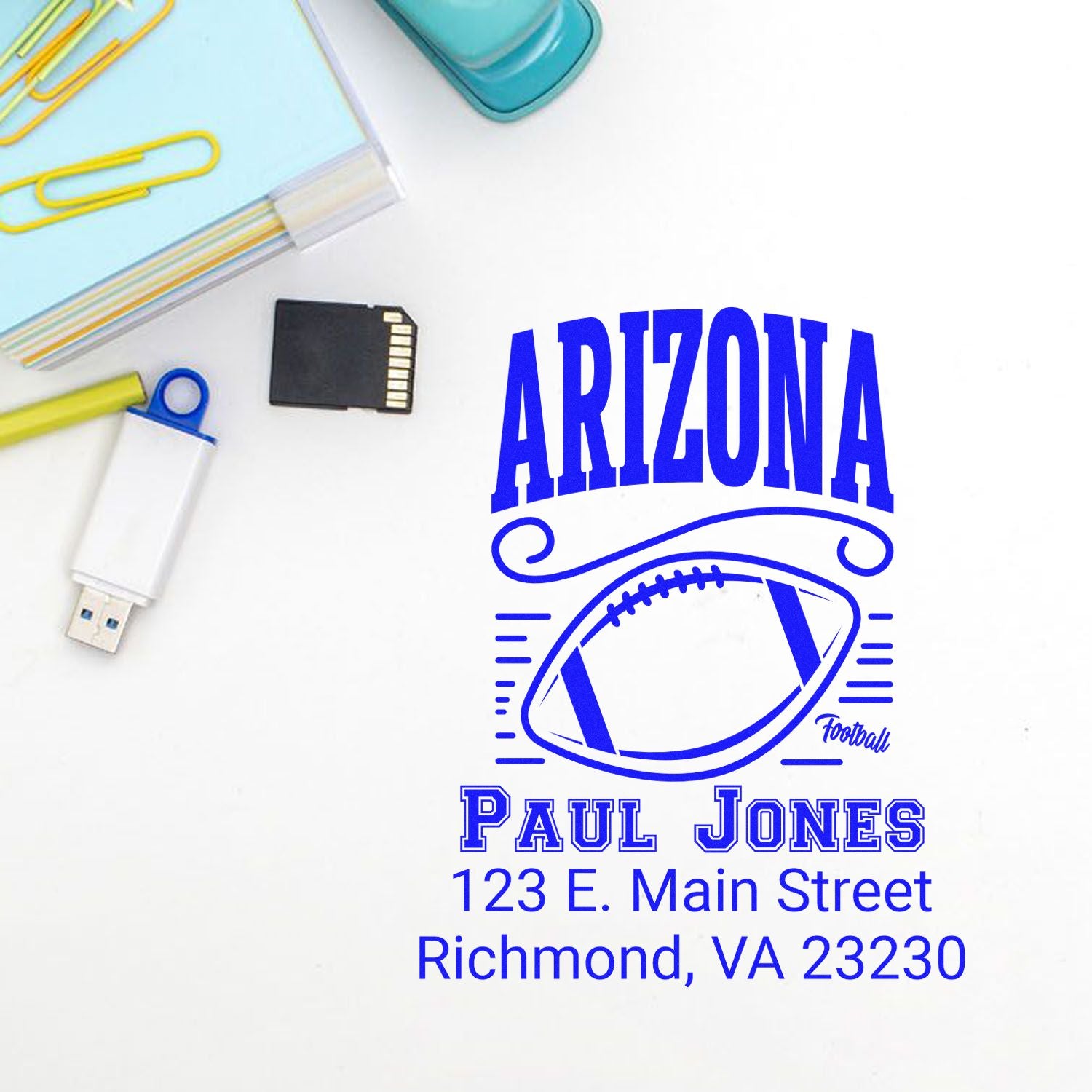 Custom Arizona football rubber stamp design with Paul Jones name and Richmond, VA address.