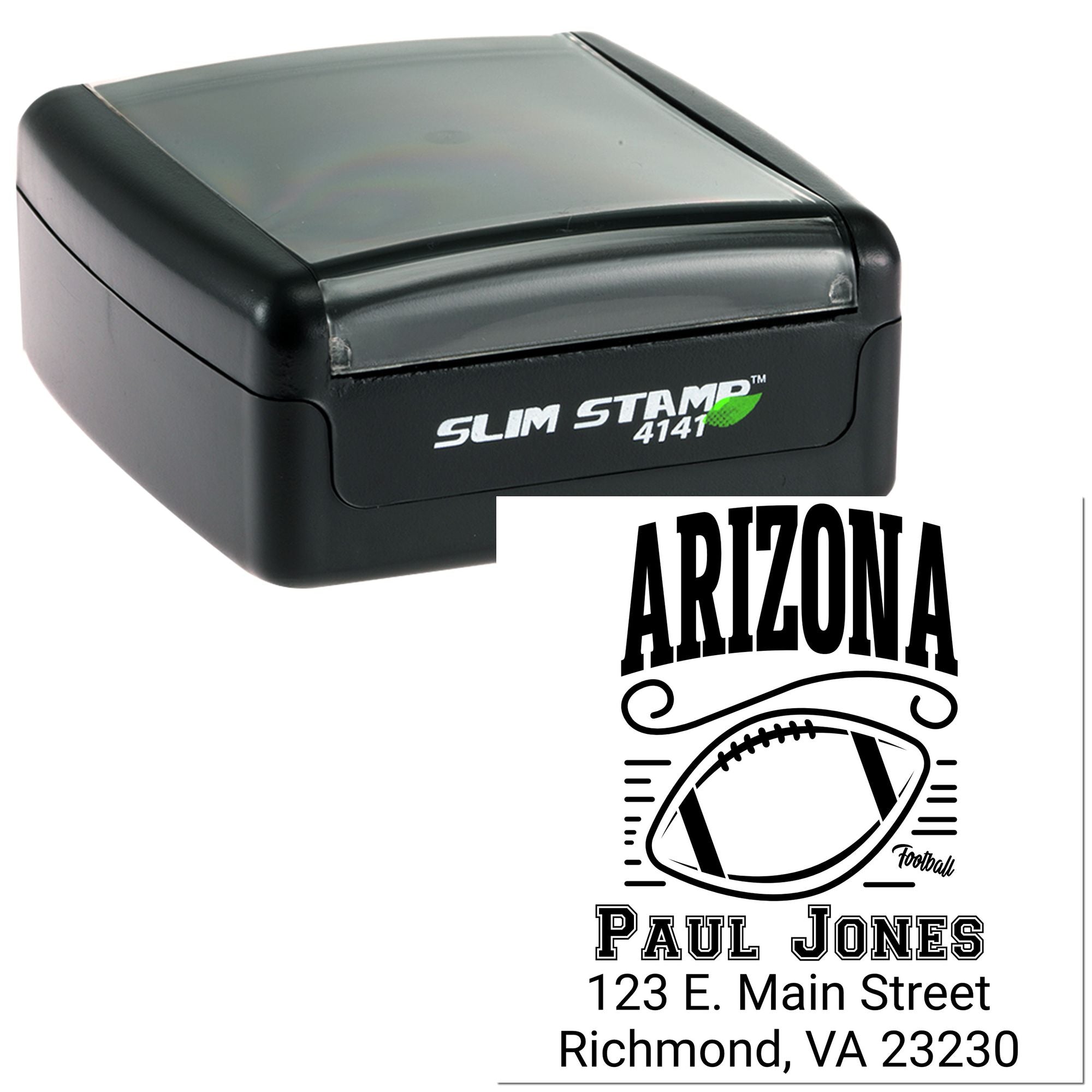 Custom Arizona football self-inking rubber stamp with name, address, and team design, Slim Stamp 4141.