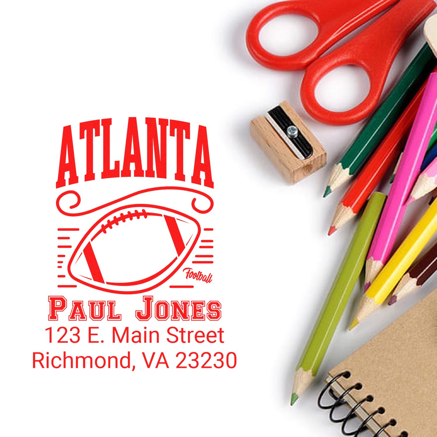 Personalized Atlanta football rubber stamp with name, address and logo for stationery, branding and mailings.