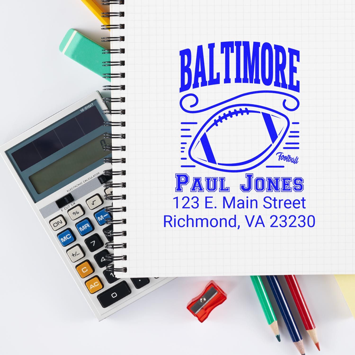 Custom Baltimore football address stamp with name and logo for personalized sports branding.