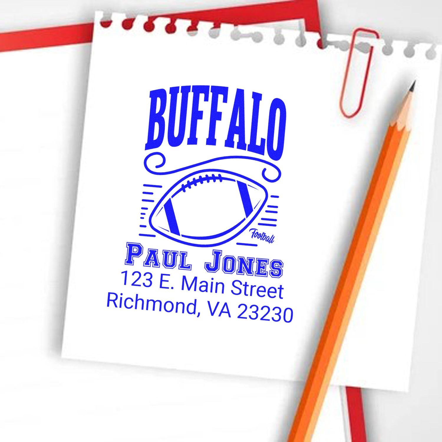 Custom Buffalo football return address rubber stamp for Paul Jones, 123 E. Main Street, Richmond, VA 23230.
