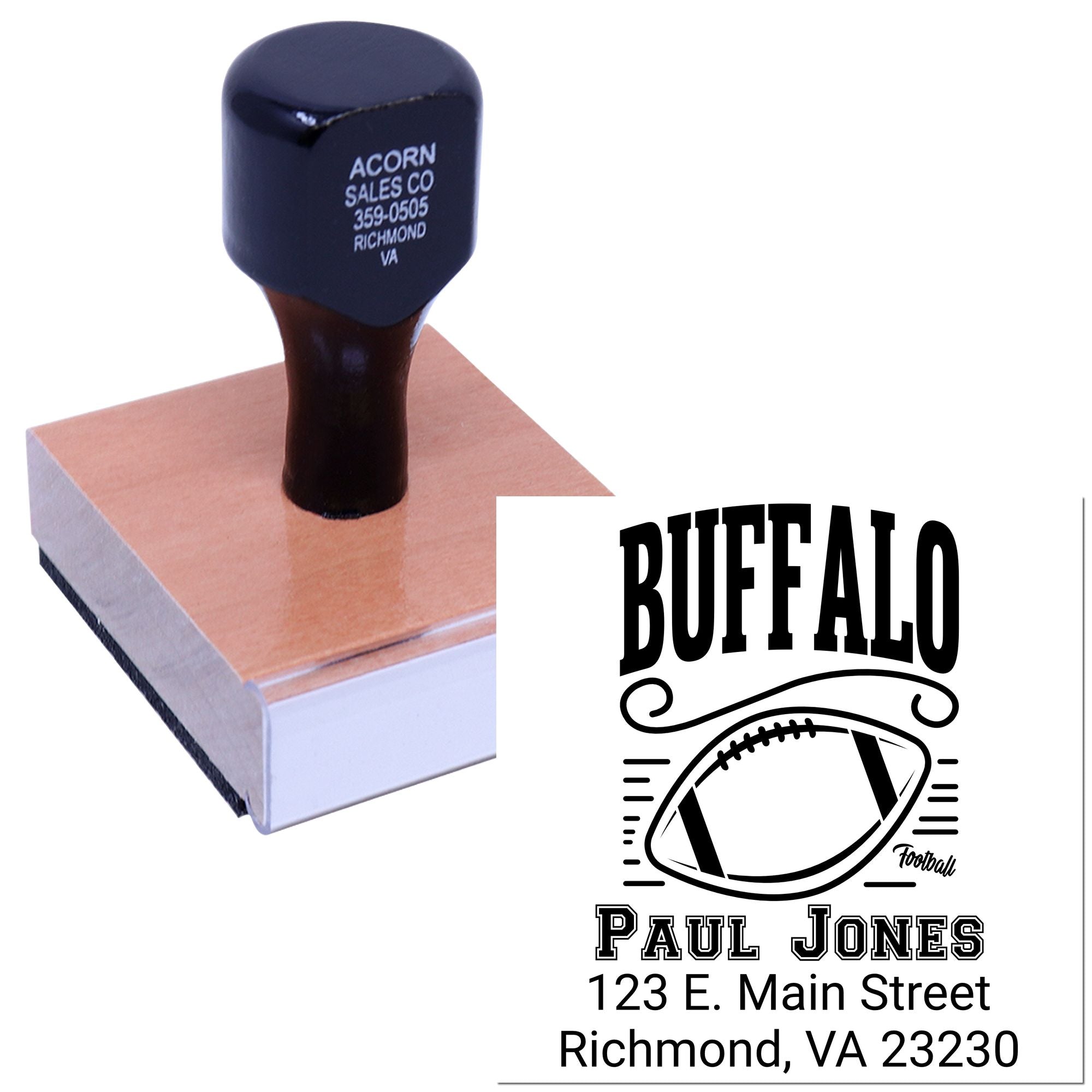 Custom Buffalo football address rubber stamp with name, address and football graphic for personalized mailings.