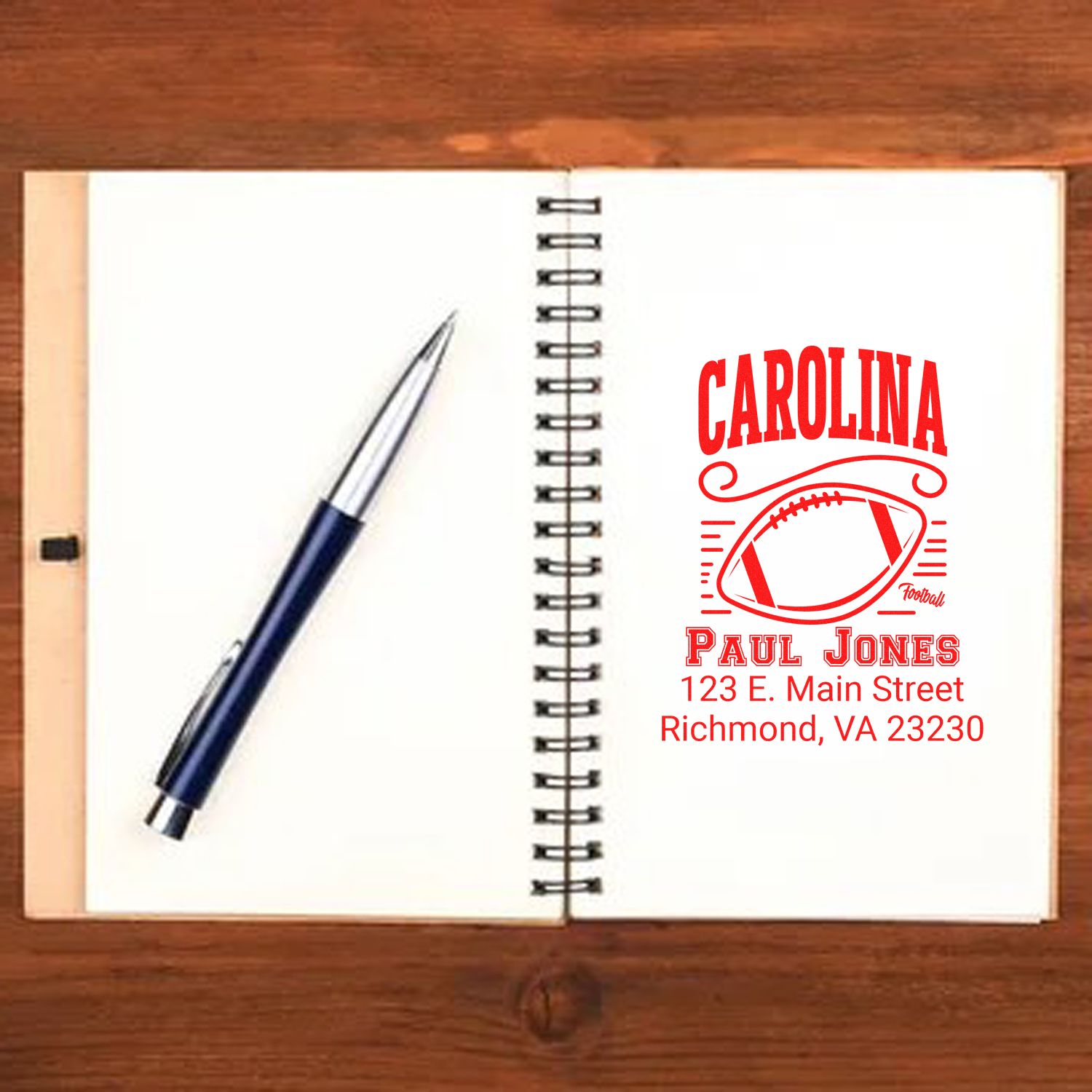 Custom Carolina football address rubber stamp with name and Richmond, VA return address for personal stationery.
