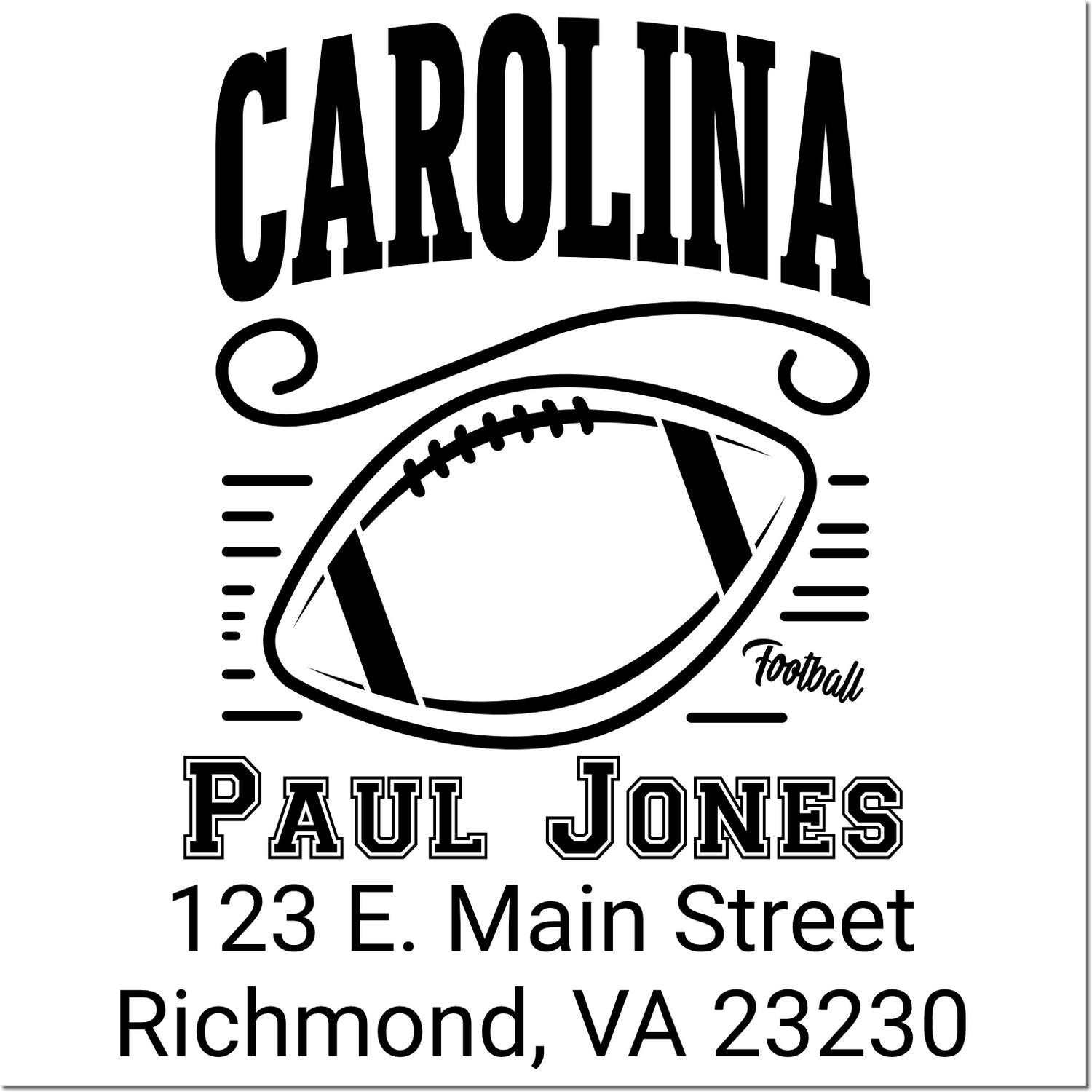 Custom Carolina football address rubber stamp for Paul Jones, 123 E. Main Street, Richmond, VA 23230