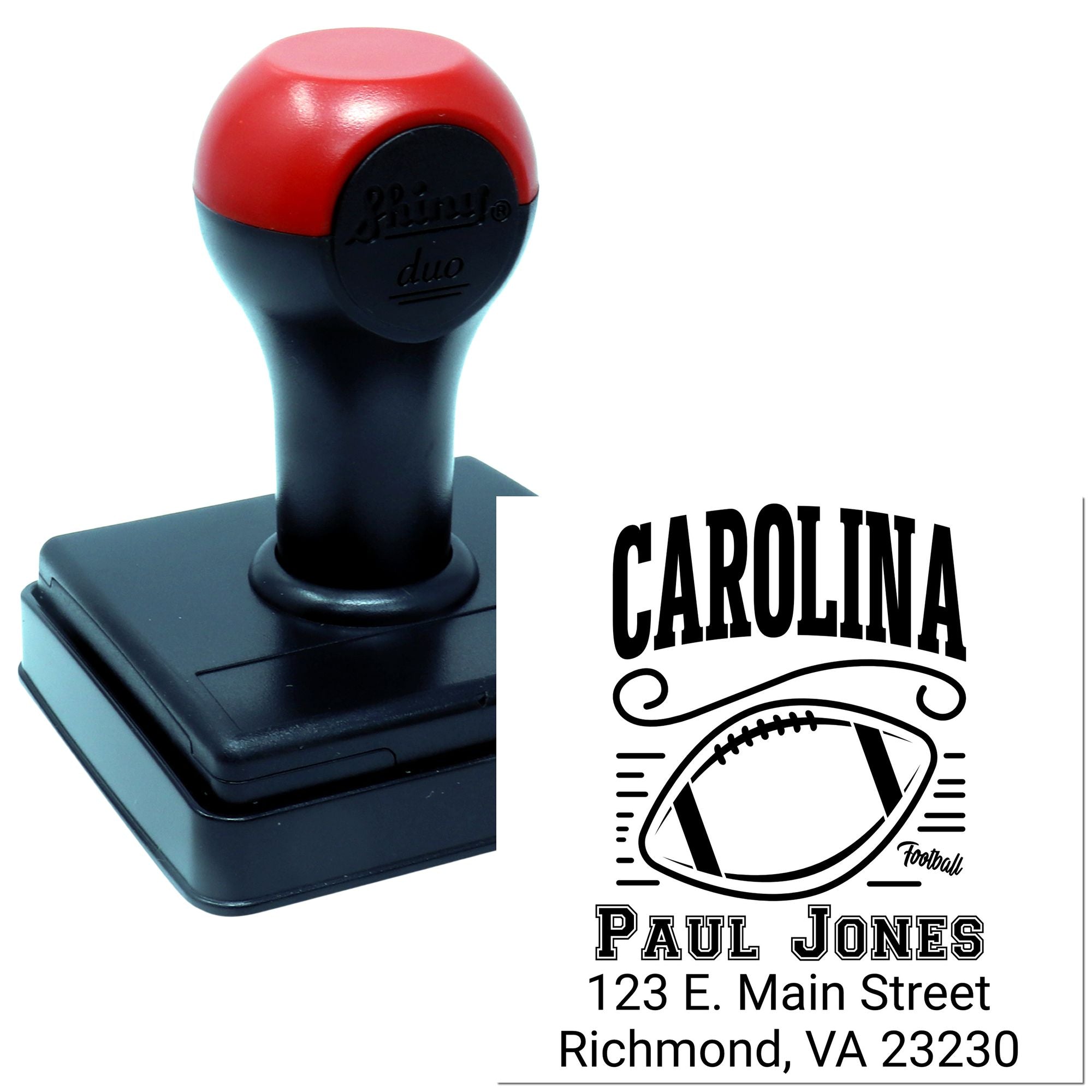 Custom self-inking rubber stamp with Carolina football design, personalized name, and address for sports-themed stamping.
