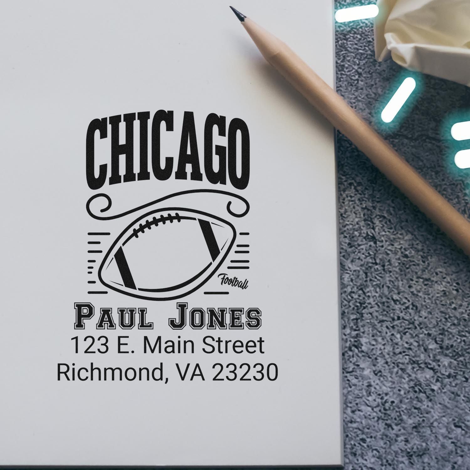 Personalized Chicago football rubber stamp with Paul Jones return address, Richmond, VA 23230.