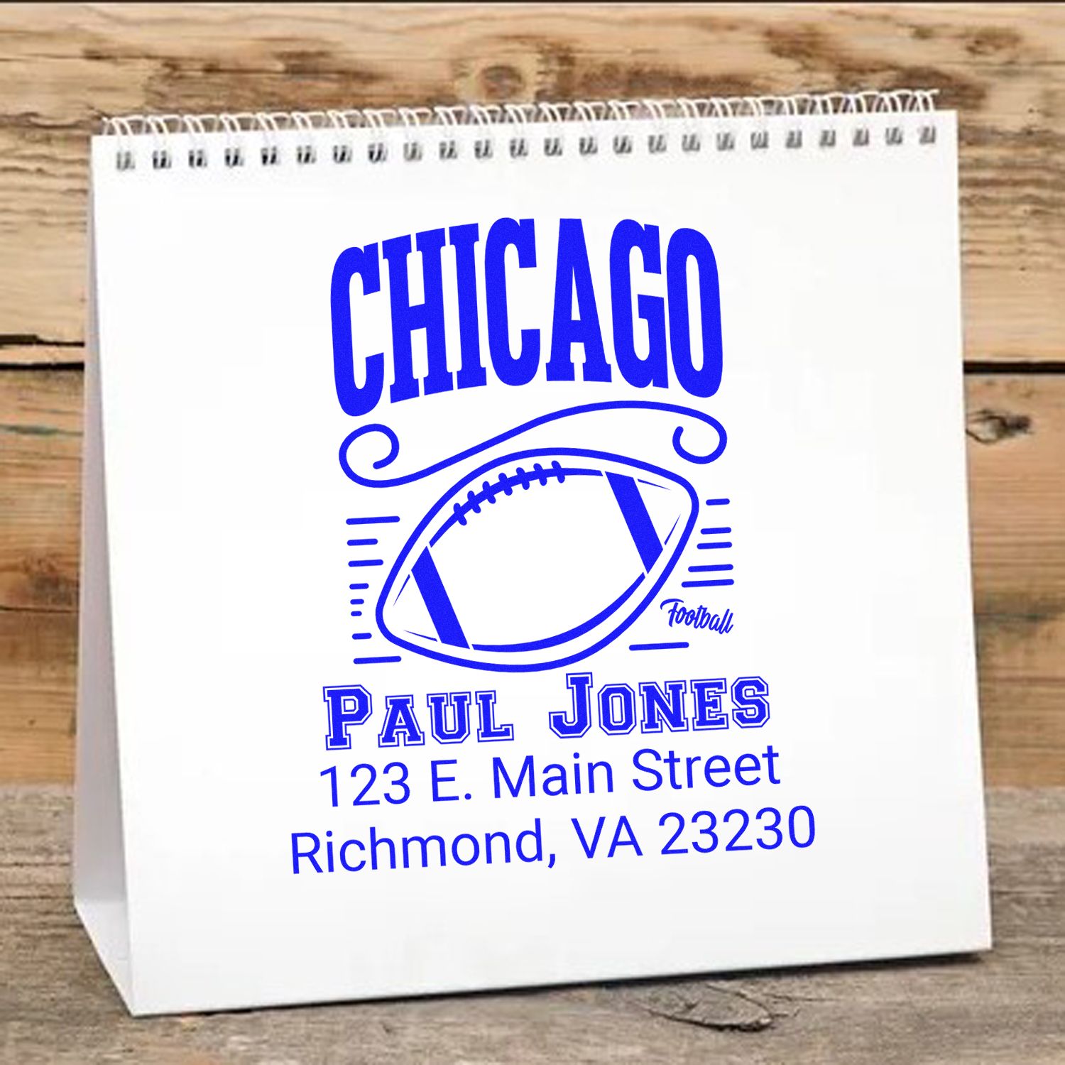 Custom Chicago football rubber stamp design with Paul Jones return address for personalized stationery and packaging.