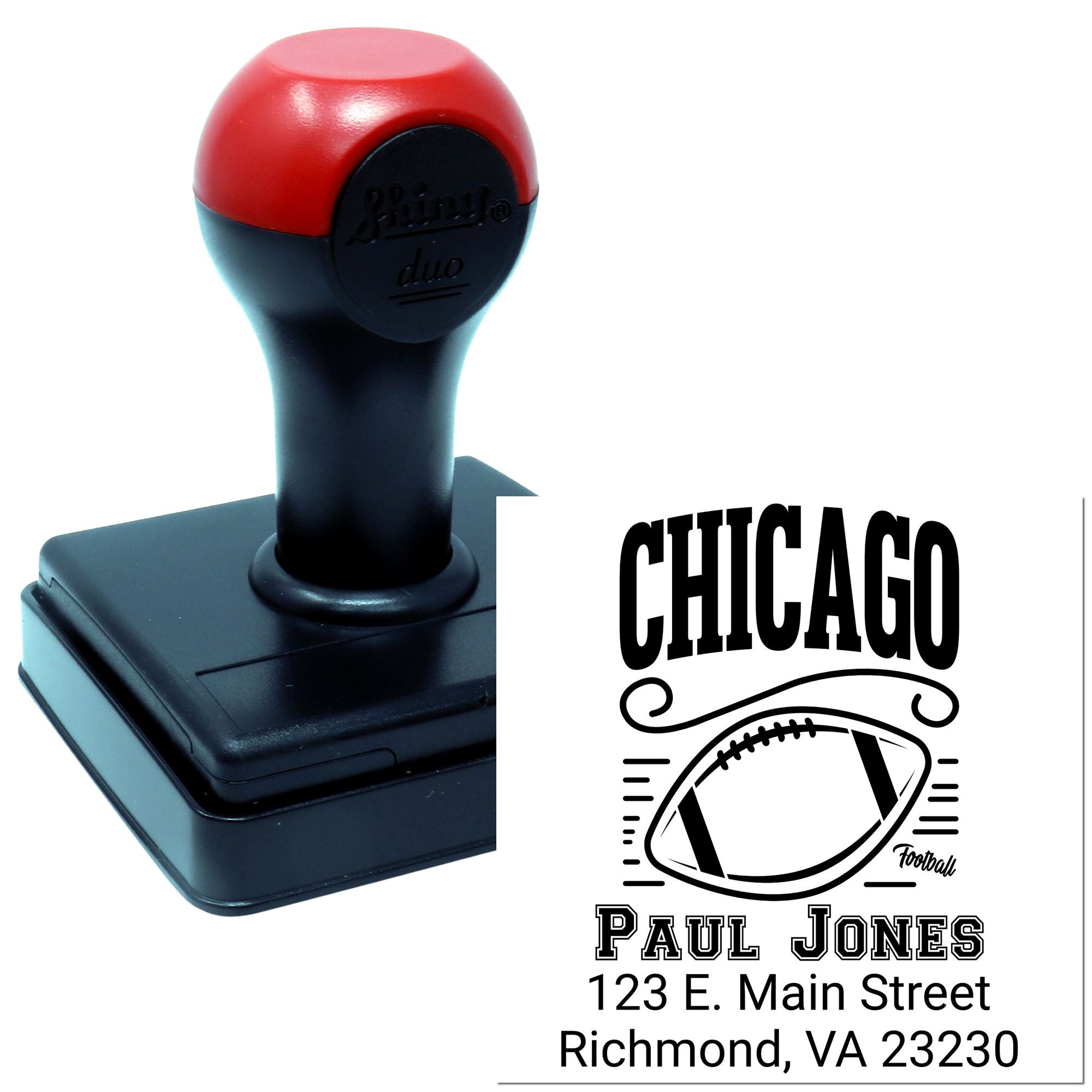 Self-inking custom rubber stamp with Chicago football design and address imprint for personalized sports-themed mailing.