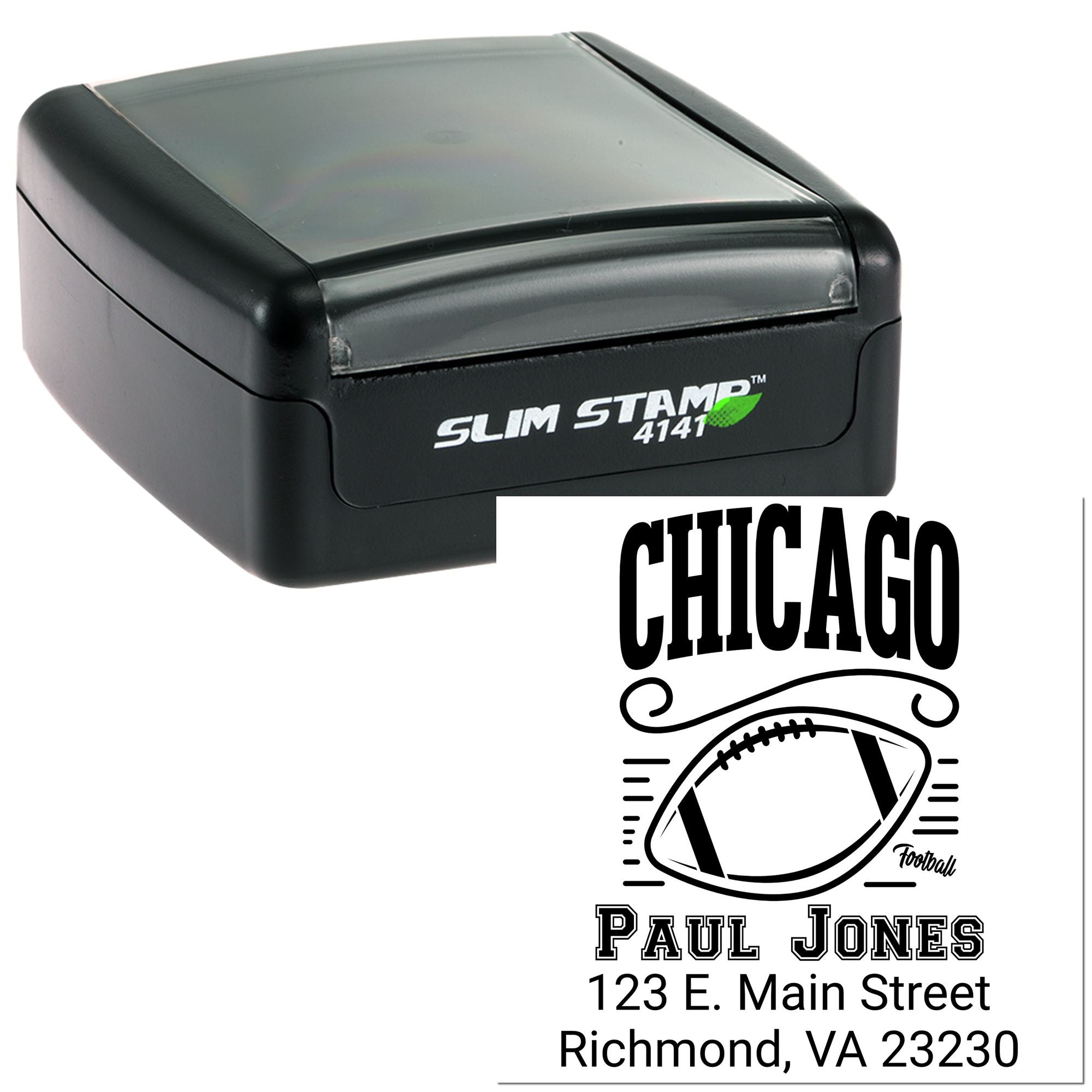 Custom Slim Stamp 4141 with Chicago football logo and Paul Jones address imprint for personalized rubber stamping.