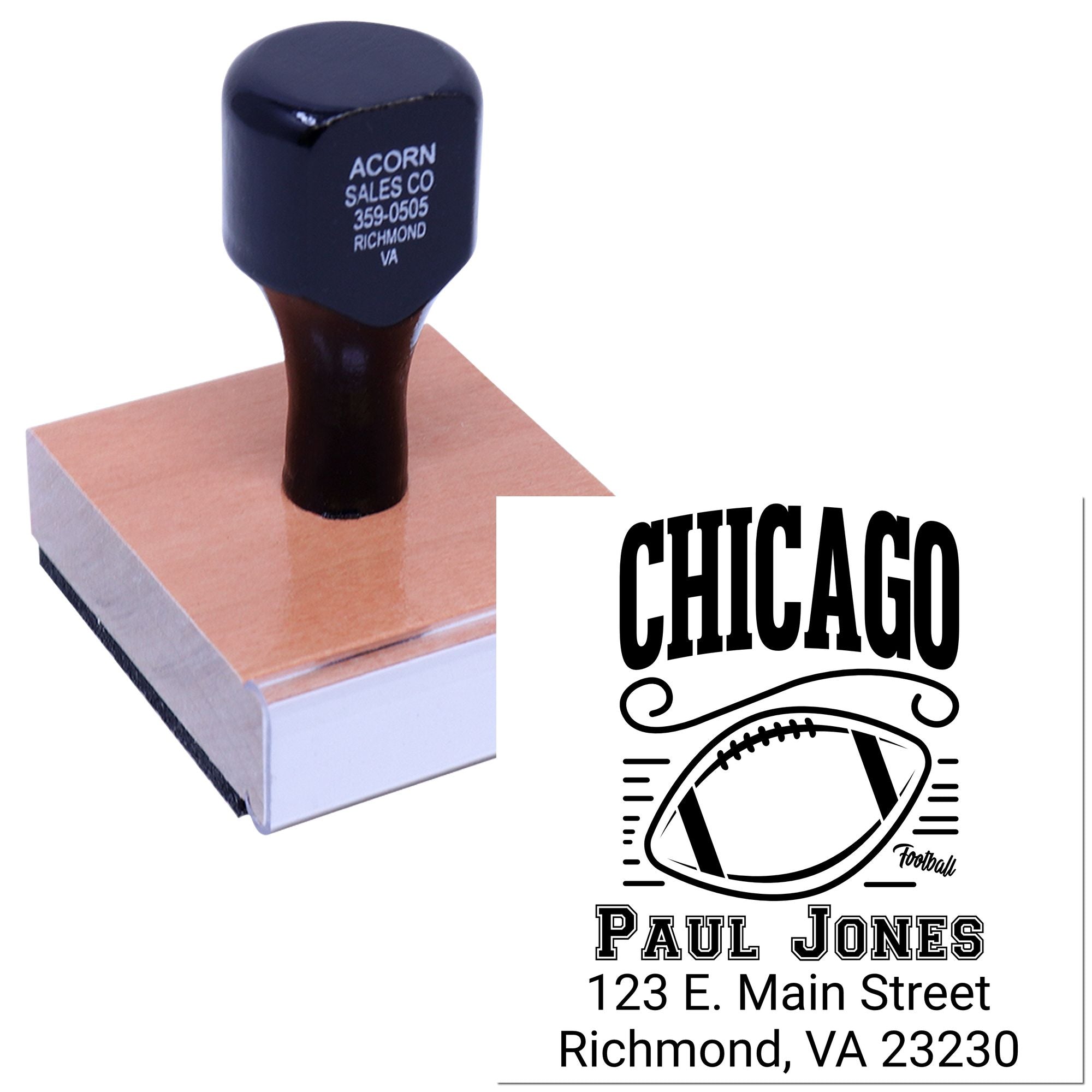 Custom rubber stamp with Chicago football design and return address for personalized mailing and branding.