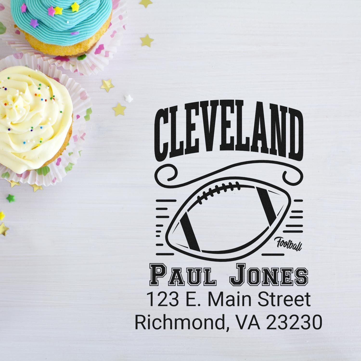 Custom Cleveland football rubber stamp with Paul Jones address, Richmond, VA 23230.