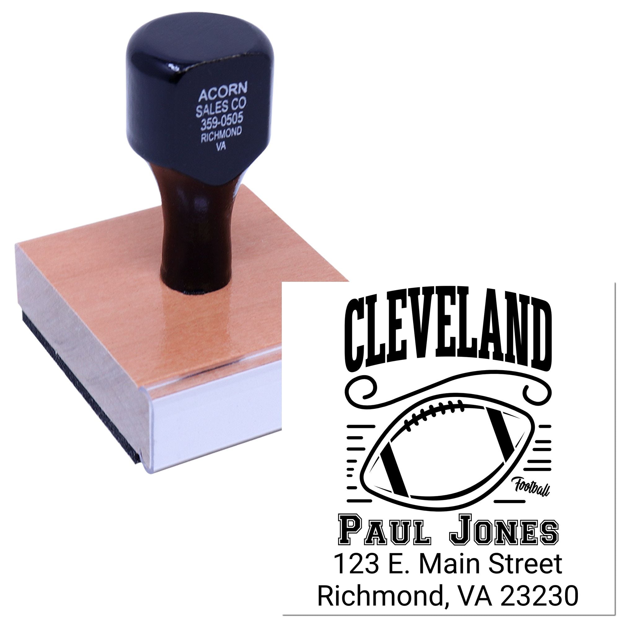 Custom football address rubber stamp for Cleveland fans, featuring personalized name and mailing address.