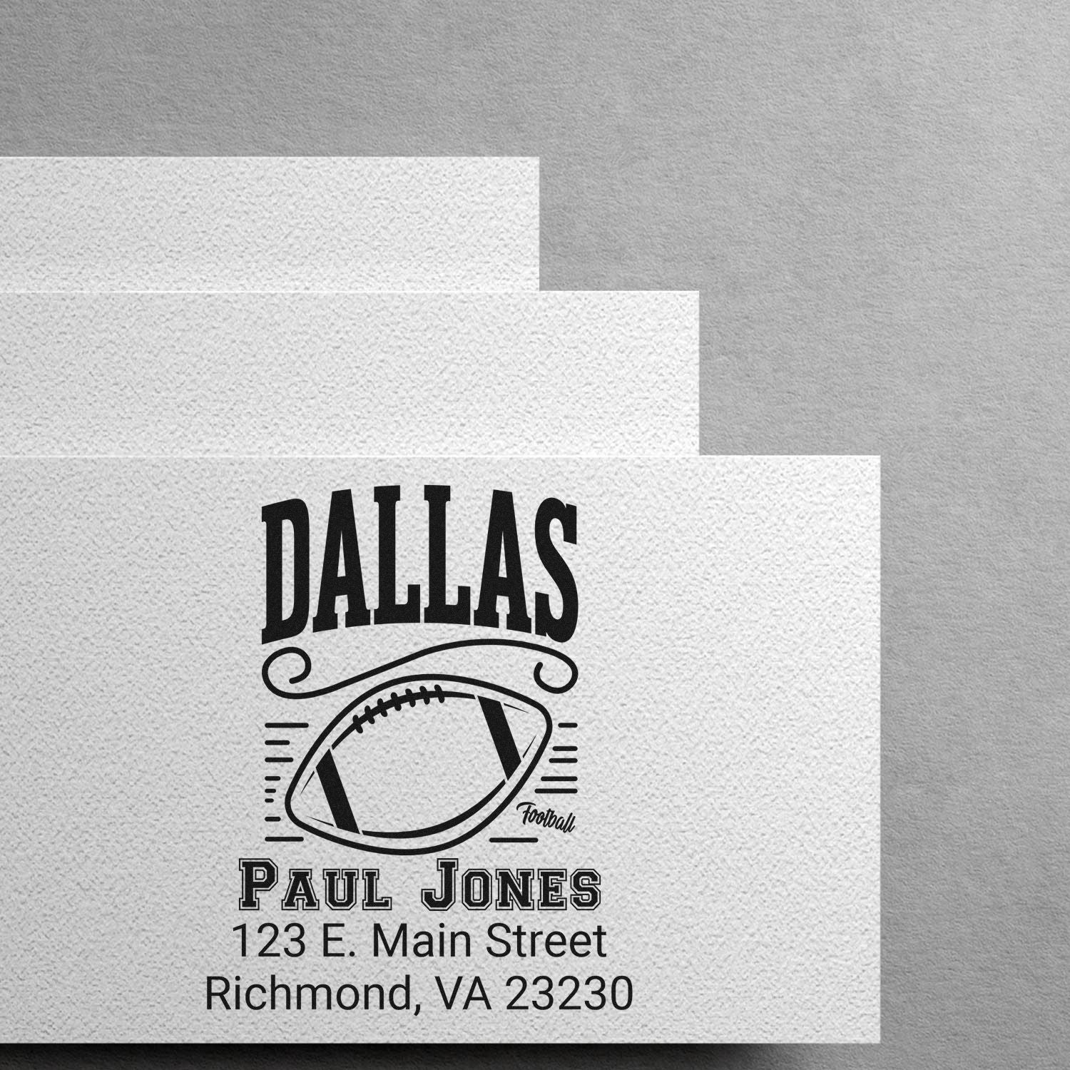 Custom Dallas football rubber stamp with Paul Jones name and Richmond, VA 23230 address