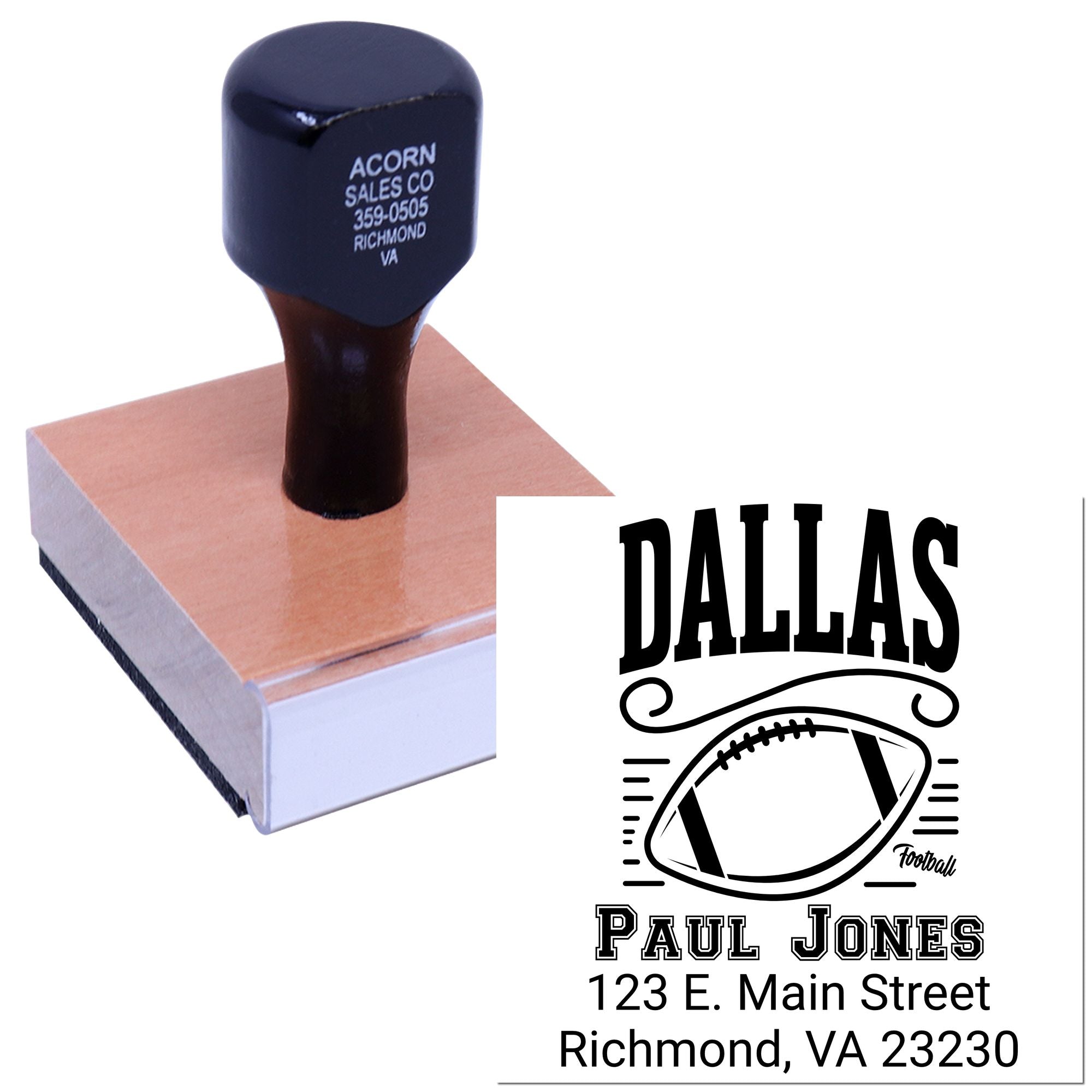 Personalized Dallas football rubber stamp with custom name, address, and logo imprint for business or team branding.