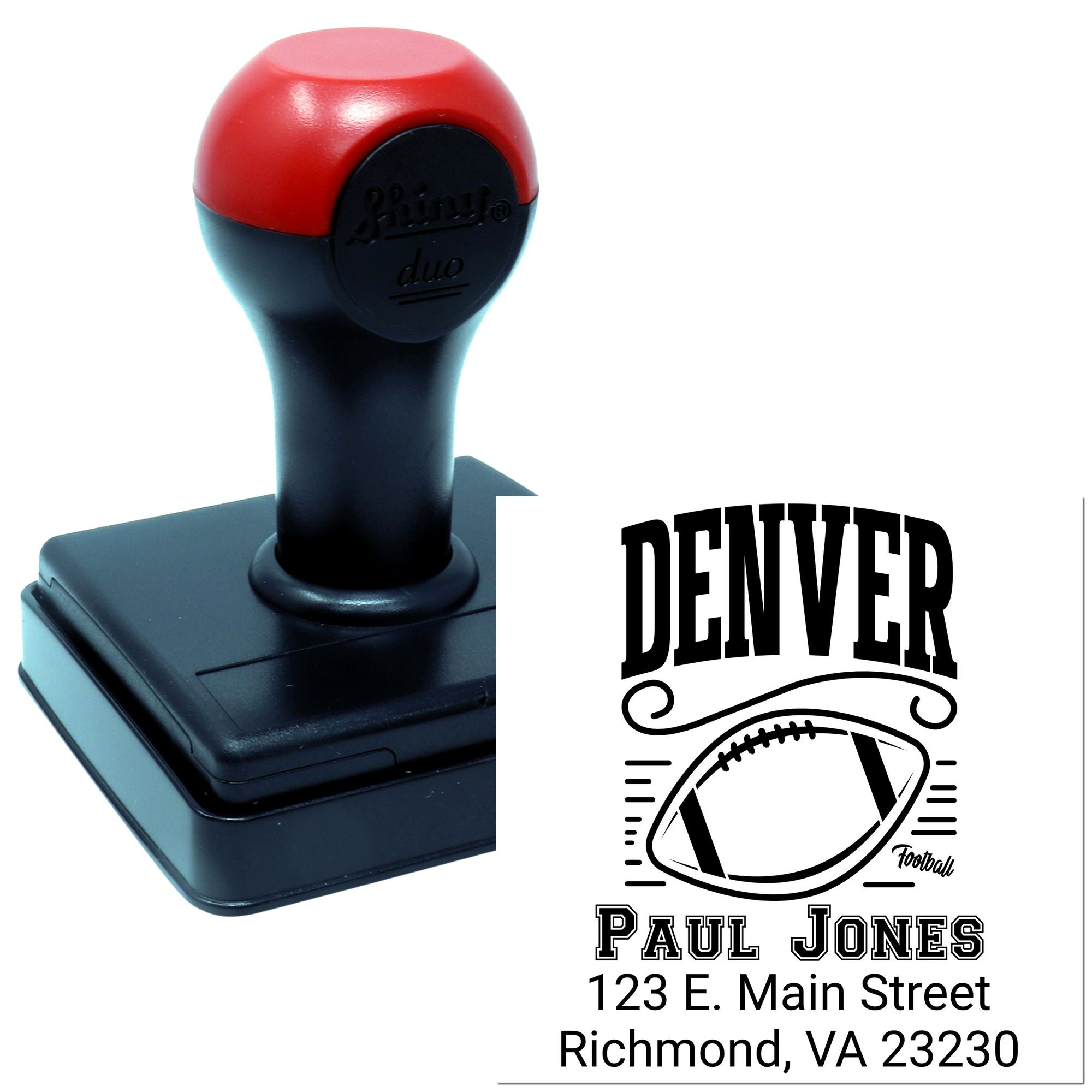 Custom self-inking rubber return address stamp with Denver football design, showing sample imprint for personalized mailing labels.