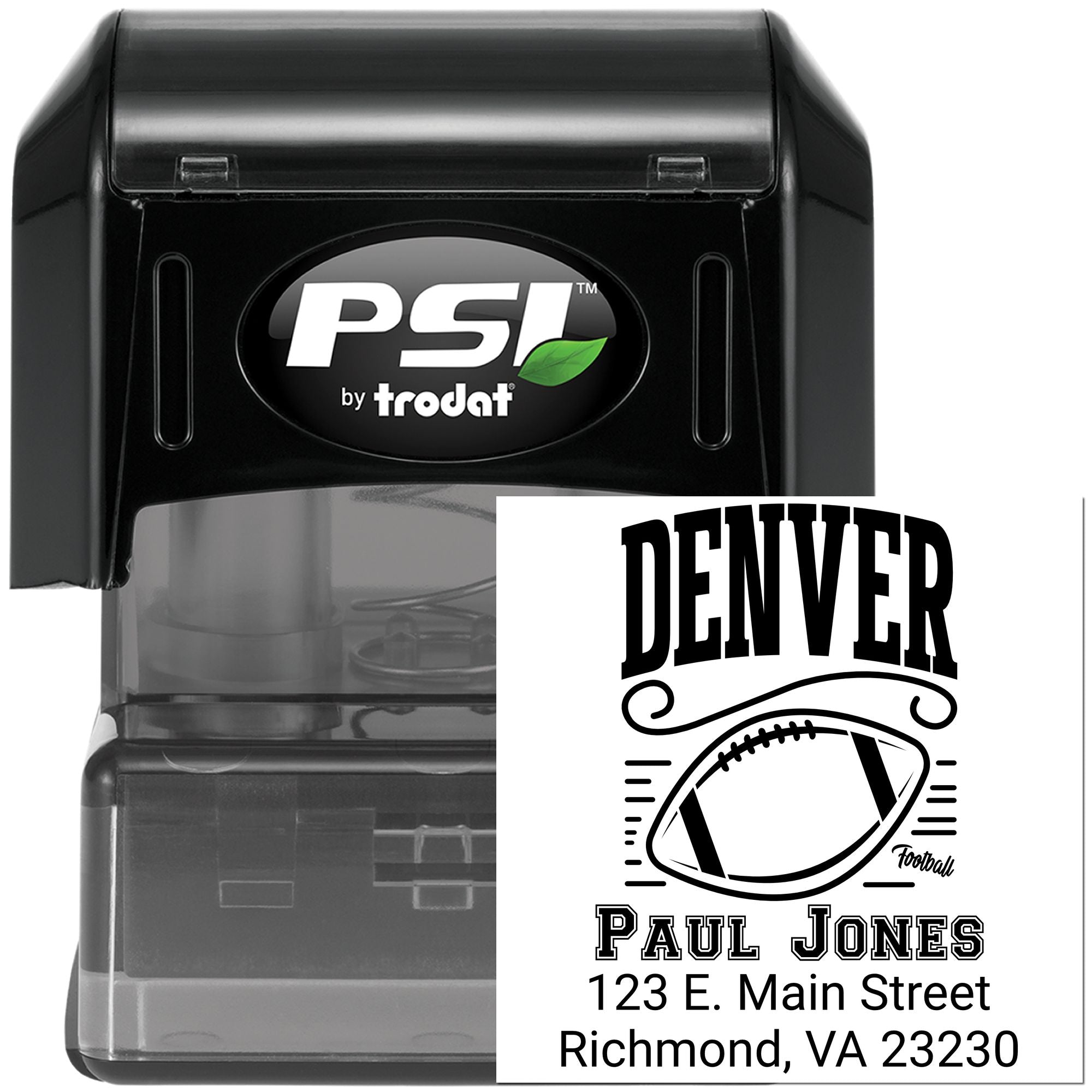 Custom self-inking rubber stamp by PSI Trodat with Denver football return address design for Paul Jones and Richmond, VA address.