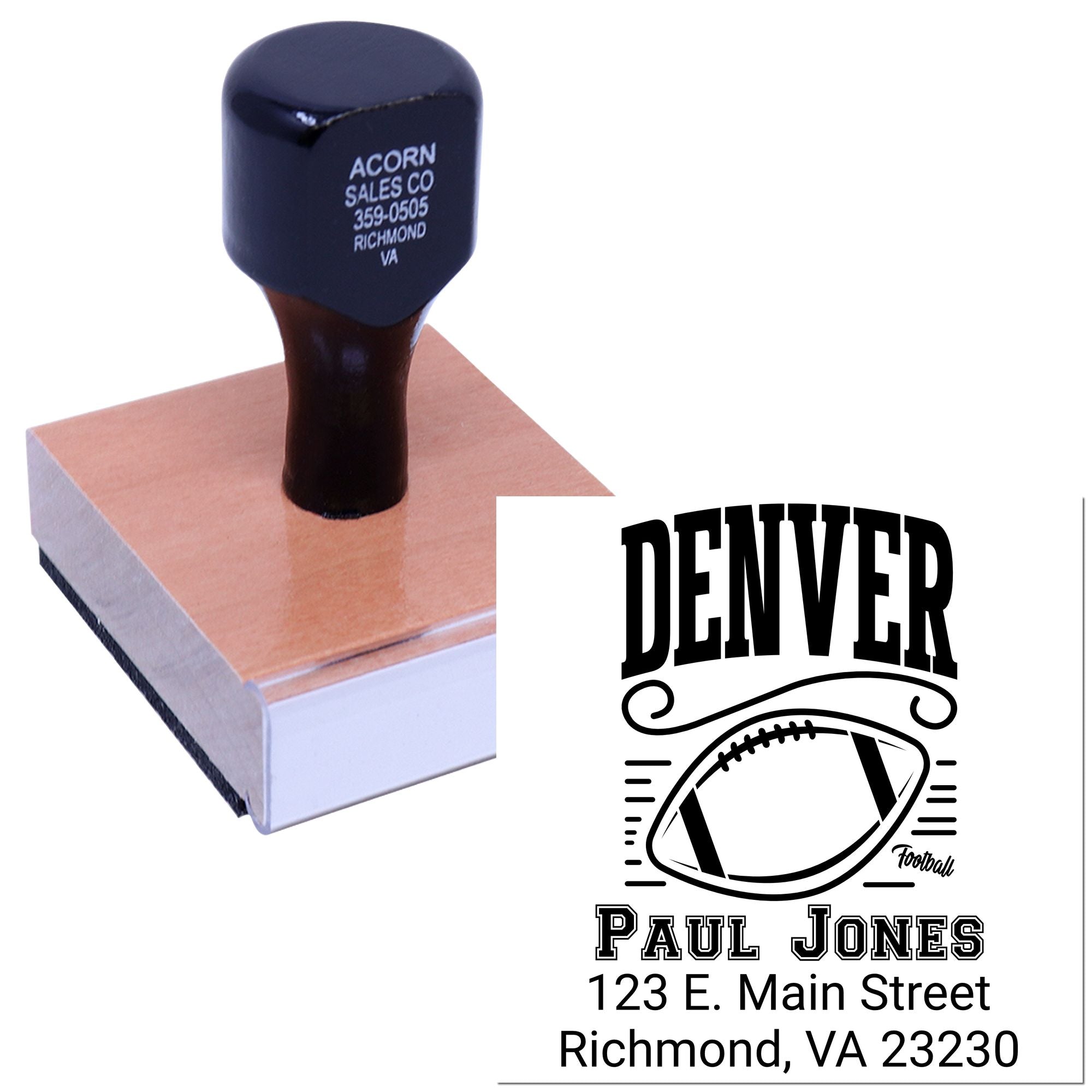 Custom football rubber stamp with Denver design, name, and address for personalized mailing and branding.