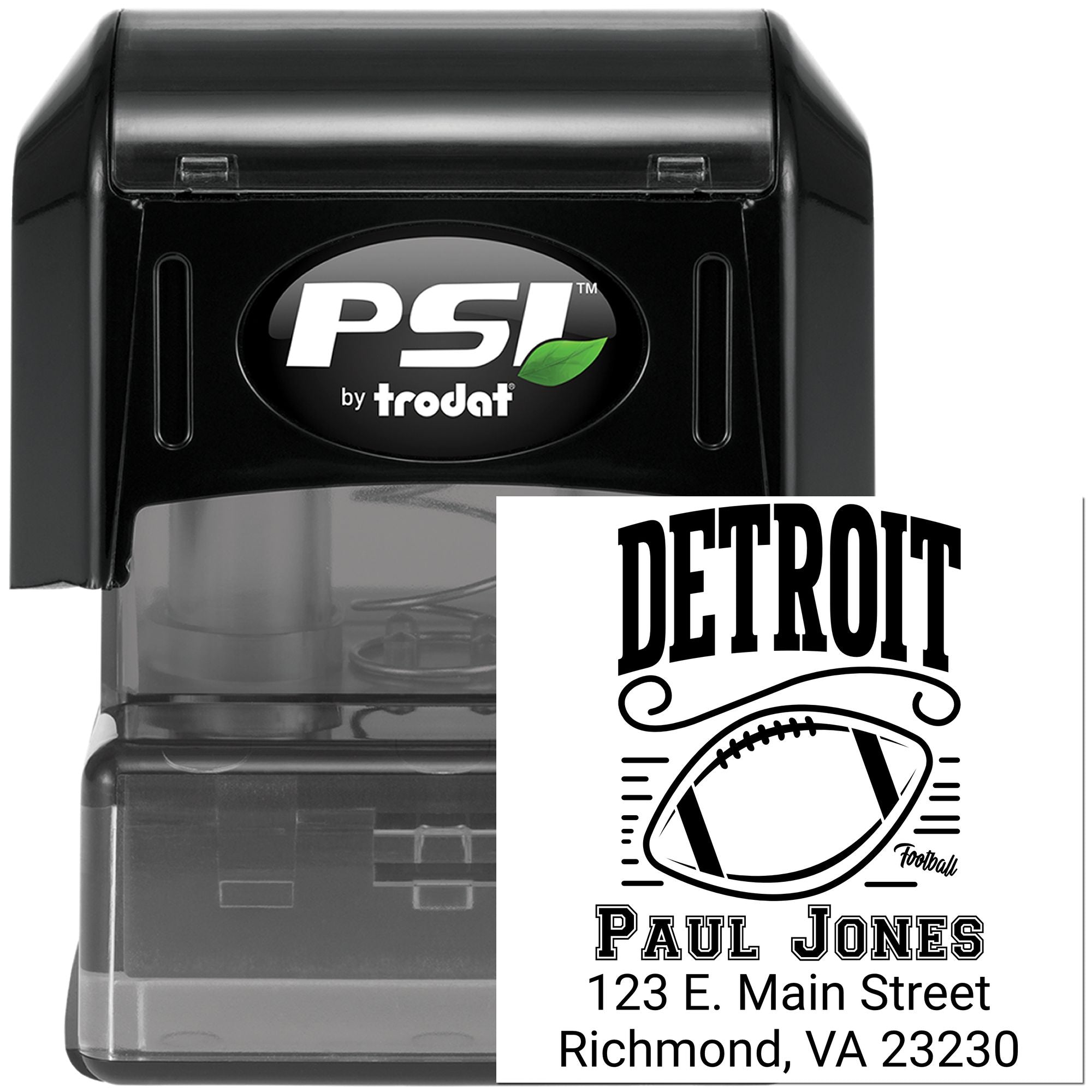 Custom self-inking address rubber stamp by PSI by Trodat with Detroit football design, Paul Jones name, and Richmond, VA address.