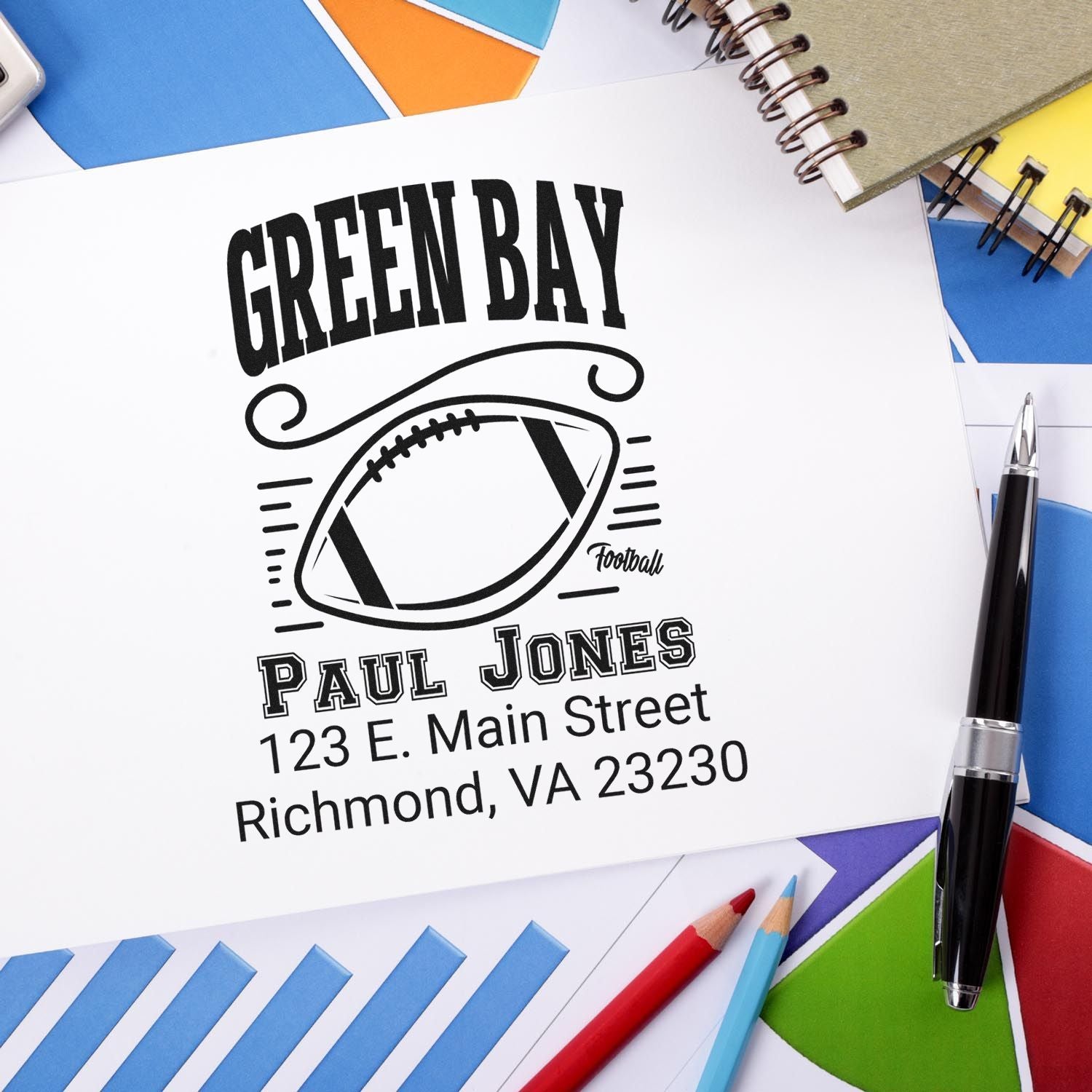 Custom Green Bay football return address rubber stamp with name, address, and football graphic.