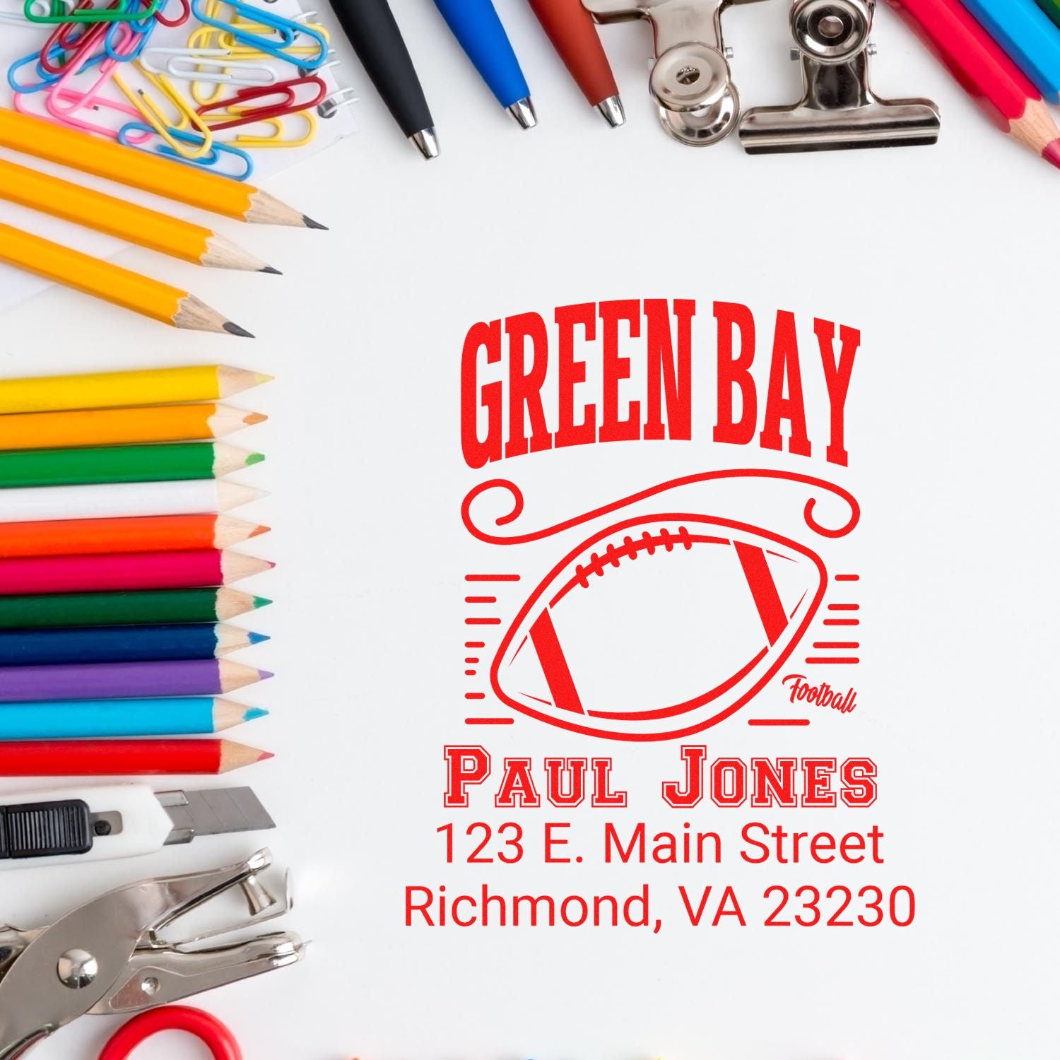 Custom personalized Green Bay football rubber stamp with Paul Jones return address, Richmond, VA 23230.