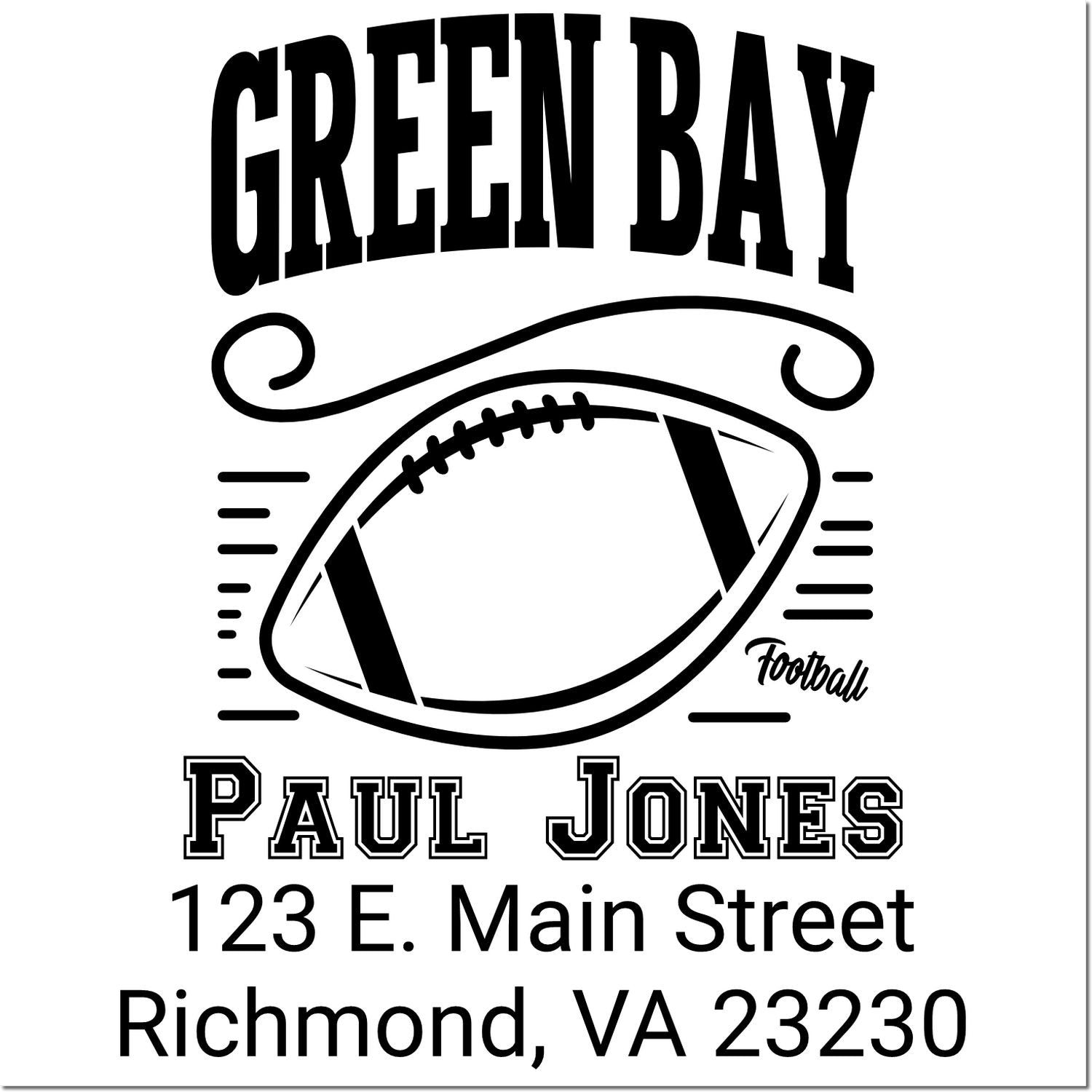 Custom Green Bay football rubber address stamp for Paul Jones, 123 E. Main Street, Richmond, VA 23230, with football logo.