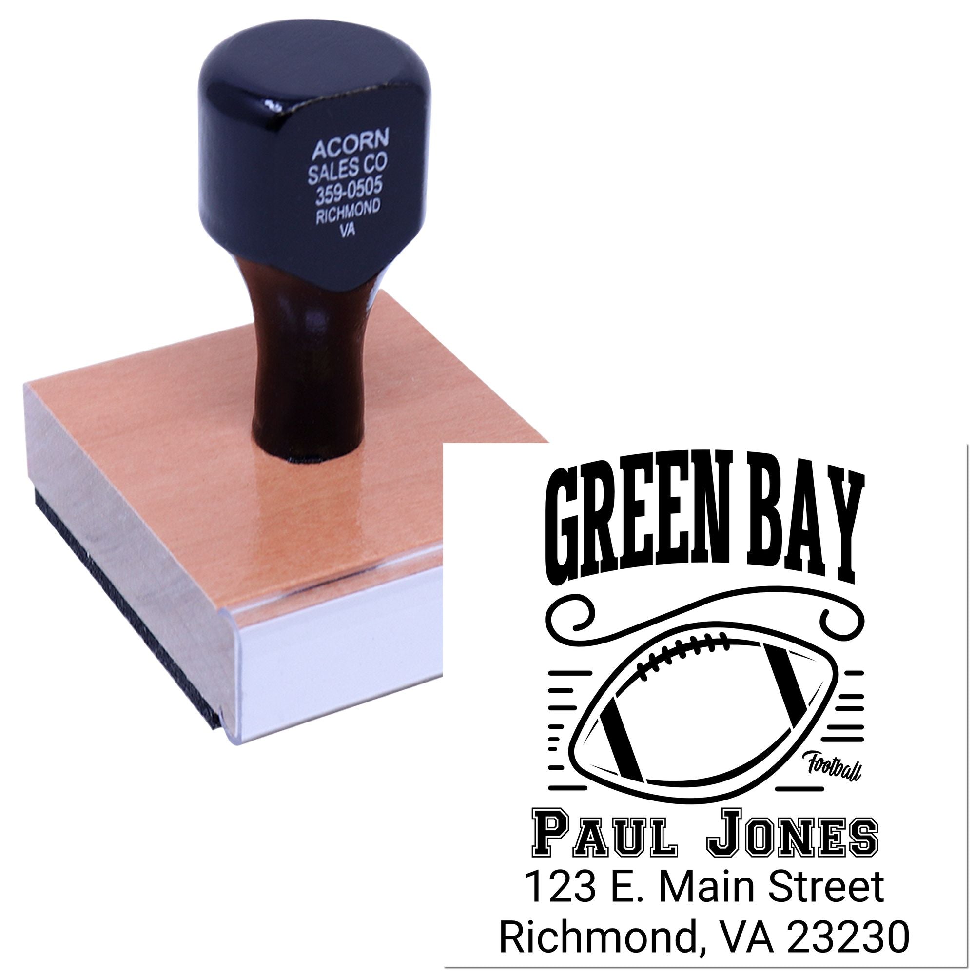 Custom Green Bay football return address rubber stamp with name and address for personalized mailings.