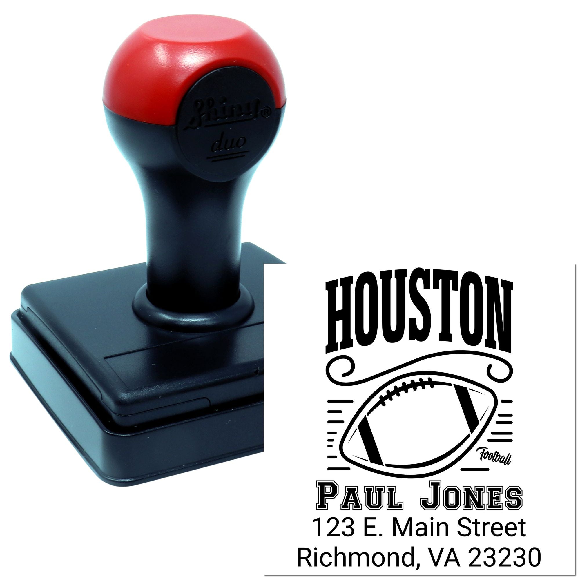 Custom self-inking rubber stamp with Houston football return address design for personalized mailing and sports-themed branding.