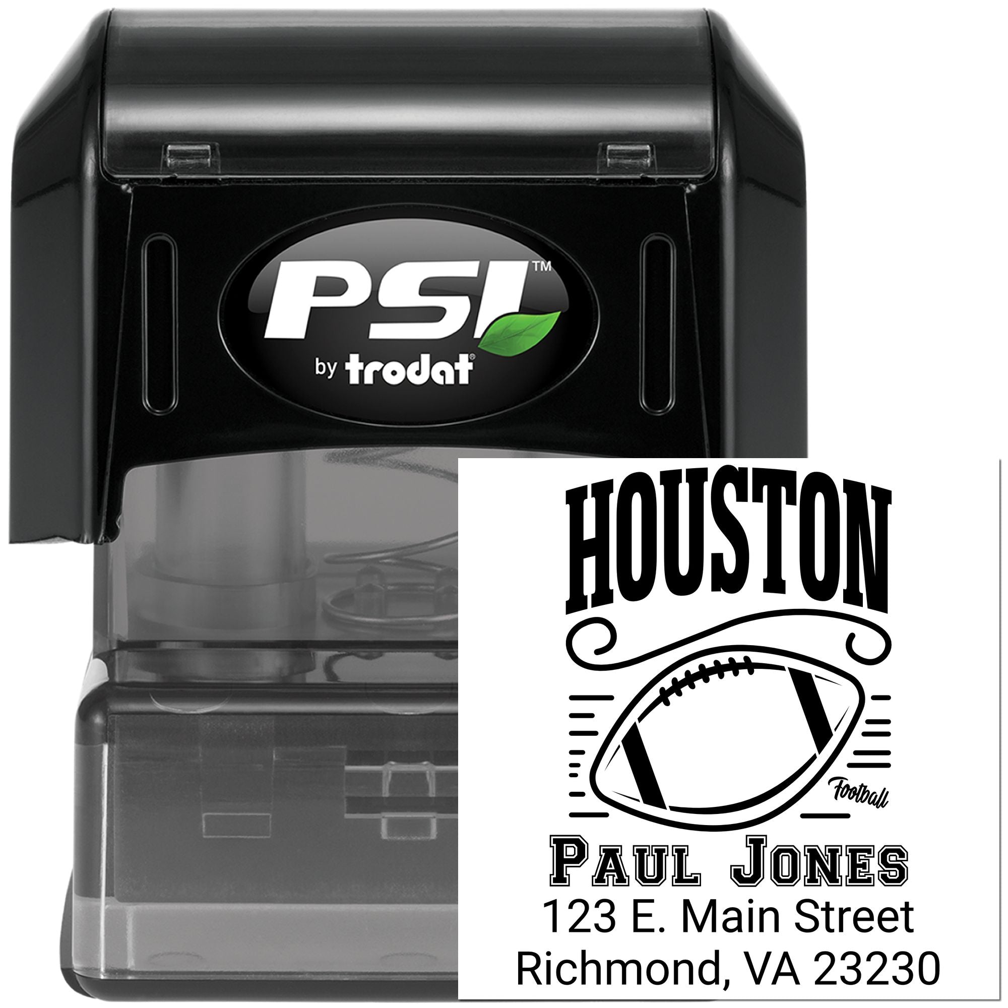 PSI by Trodat self-inking custom rubber stamp with Houston football design, name, and address for personalized branding.