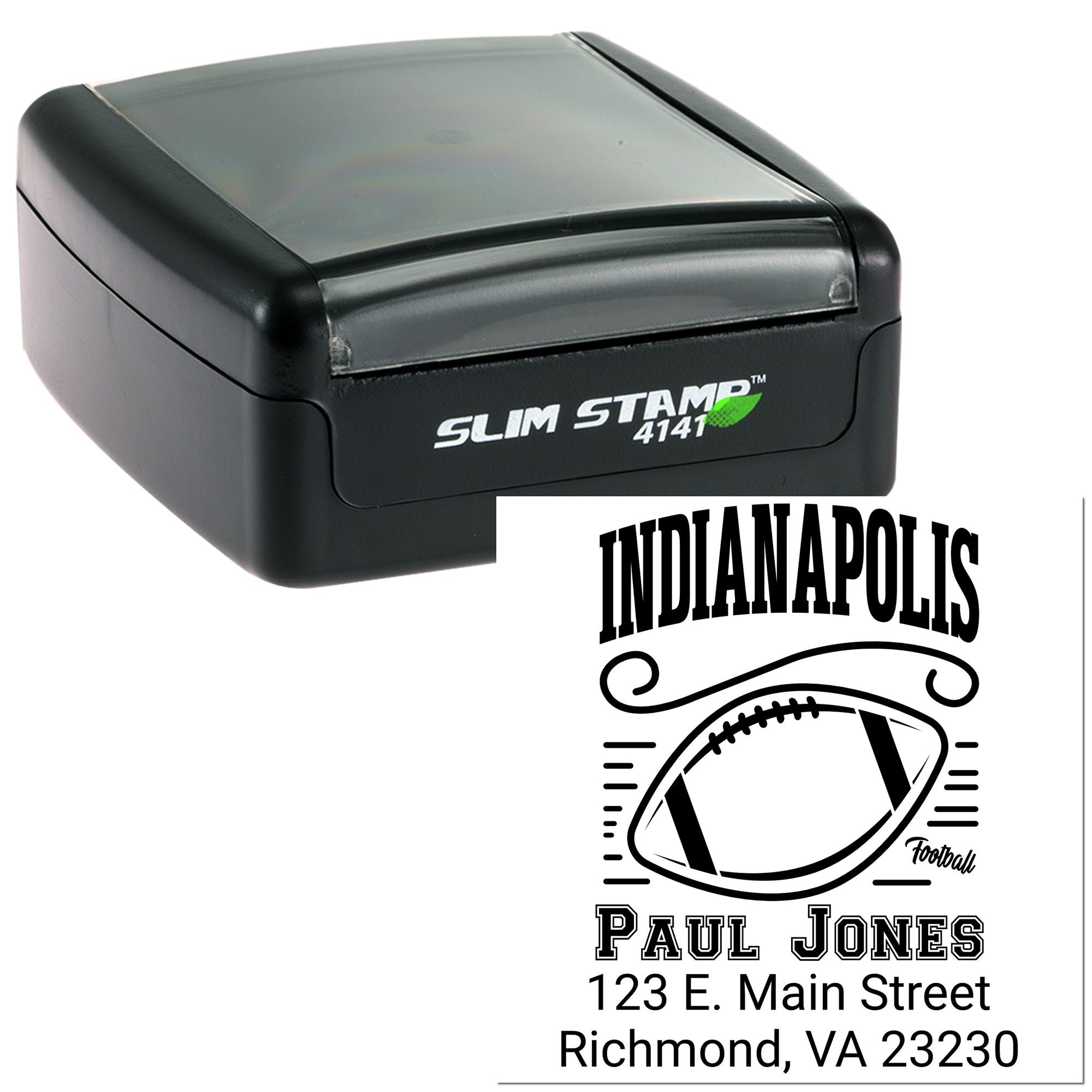 Custom Slim Stamp 4141 rubber stamp with Indianapolis football design, Paul Jones name, and Richmond, VA address.