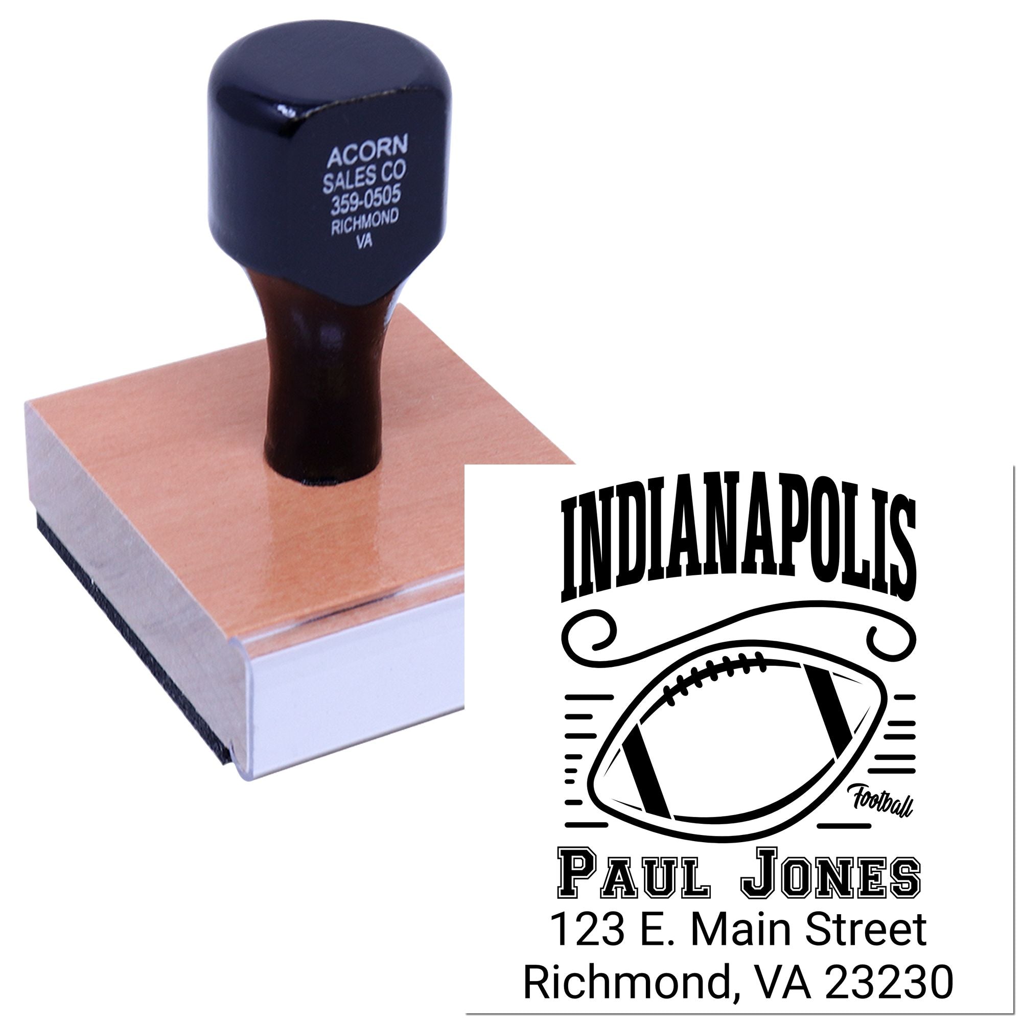Custom rubber stamp with Indianapolis football design and personalized name and address for mailing and branding.