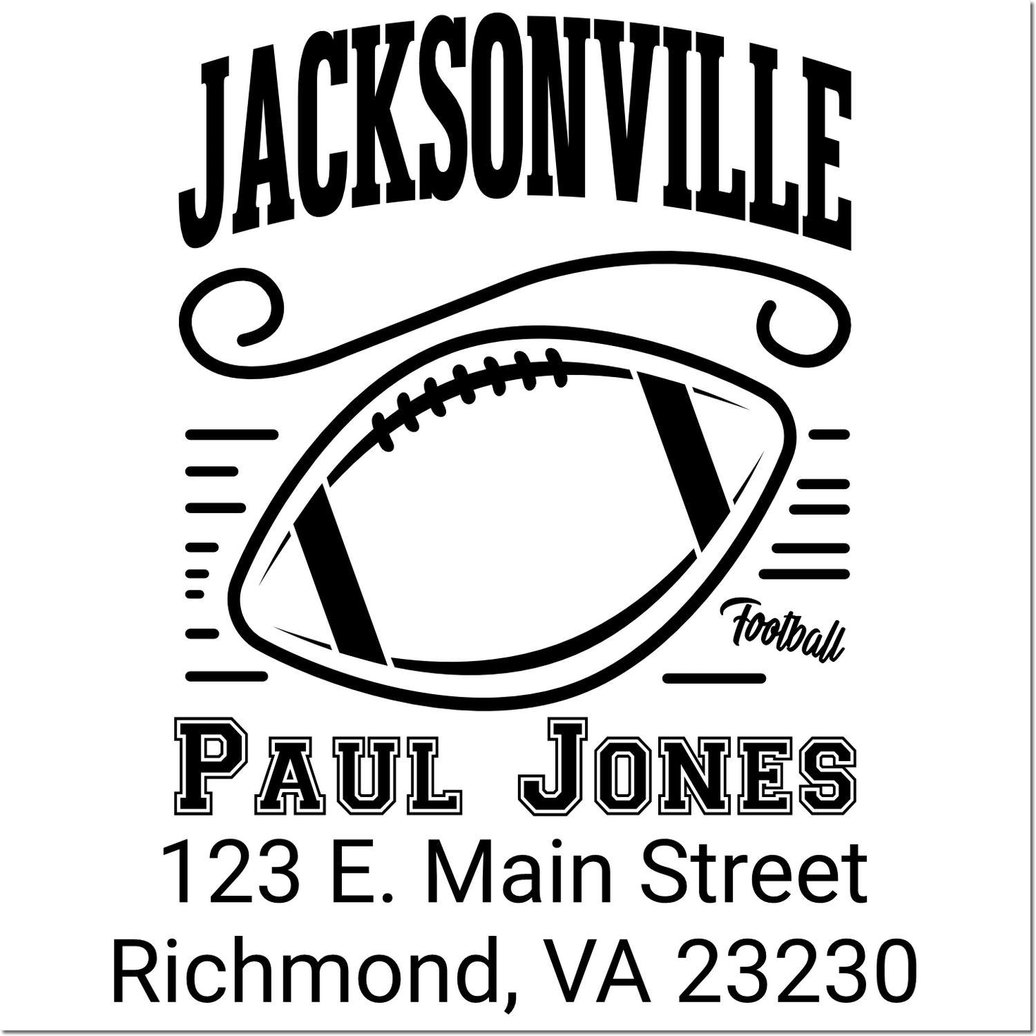 Custom Jacksonville football return address rubber stamp for Paul Jones, featuring name and Richmond, VA 23230 mailing details.
