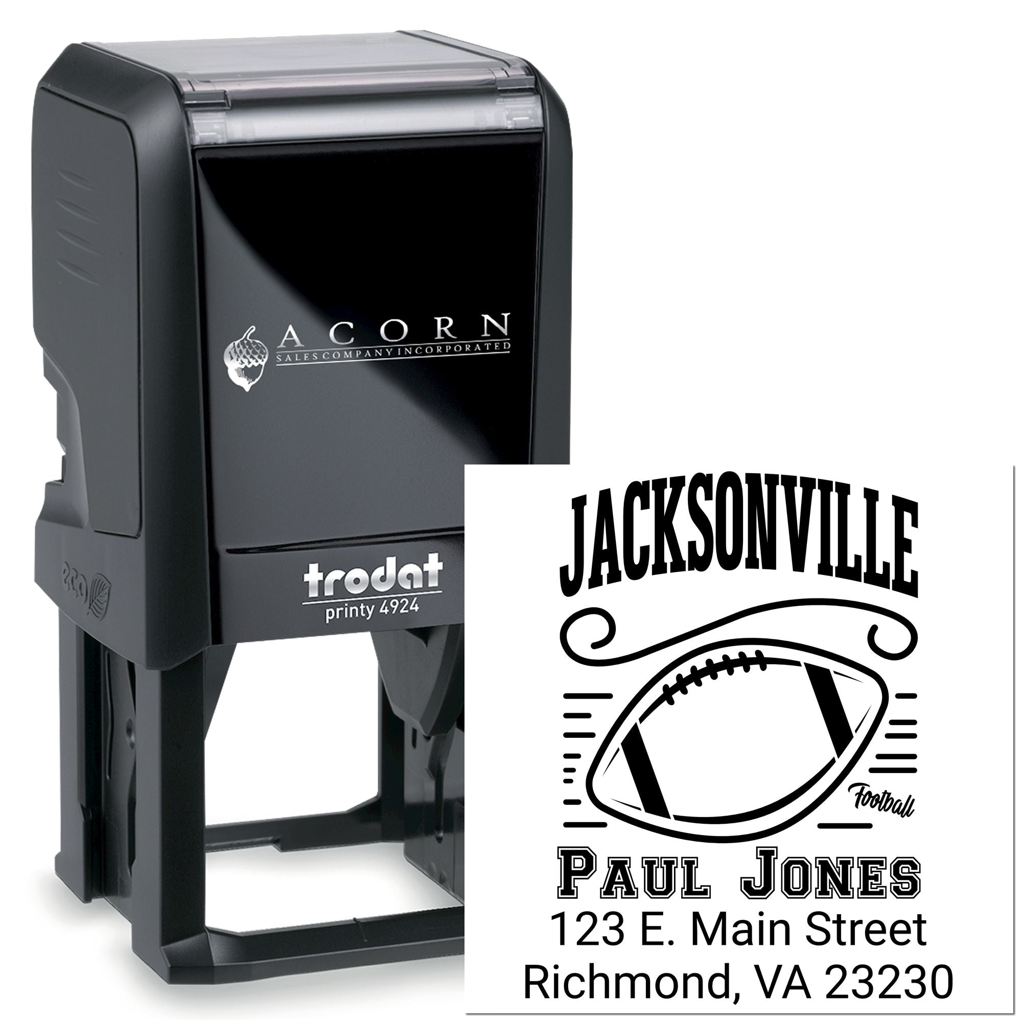 Custom self-inking rubber stamp with football design, name, and address for personalized sports or business branding.