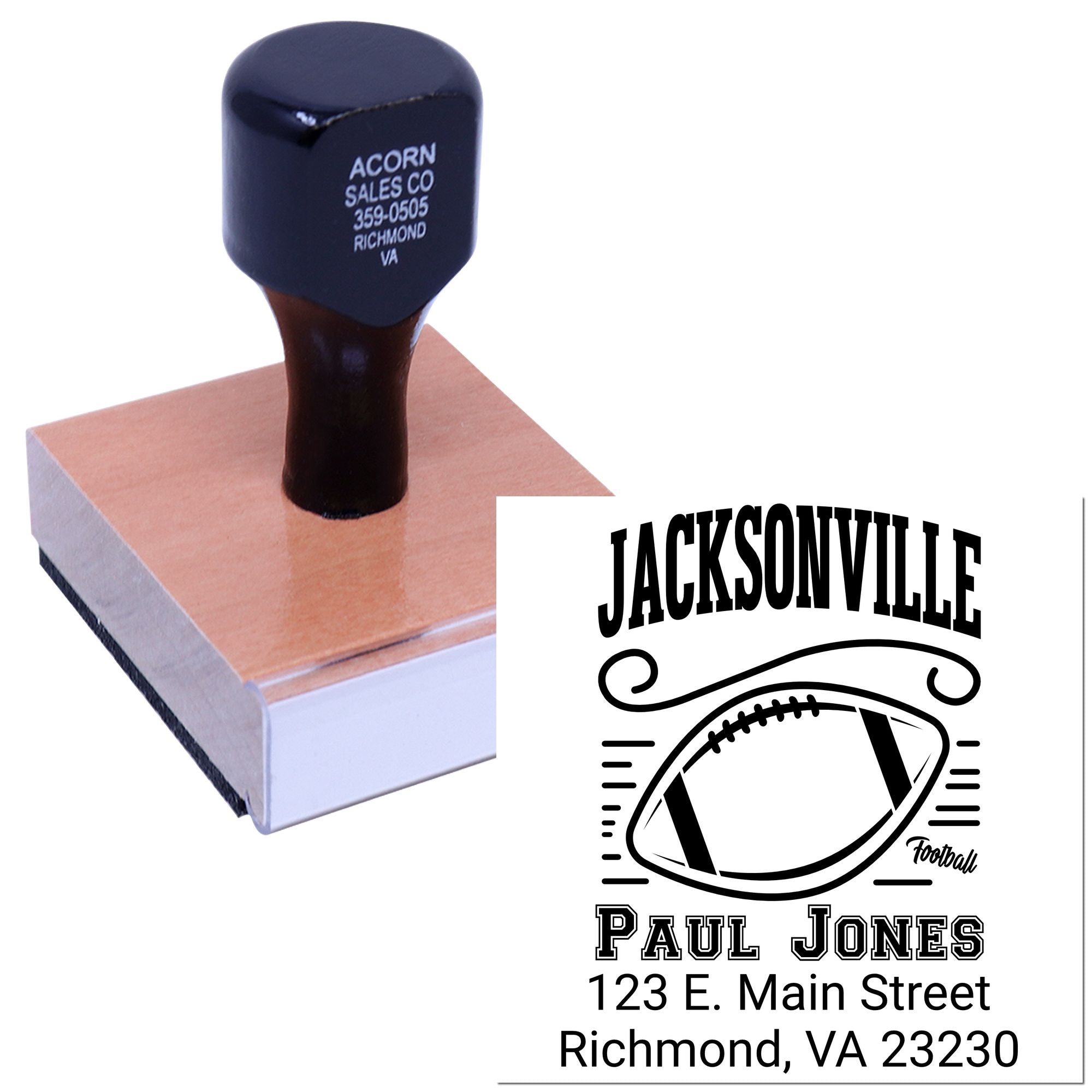Custom football rubber stamp with personalized Jacksonville design and Richmond, VA return address imprint.