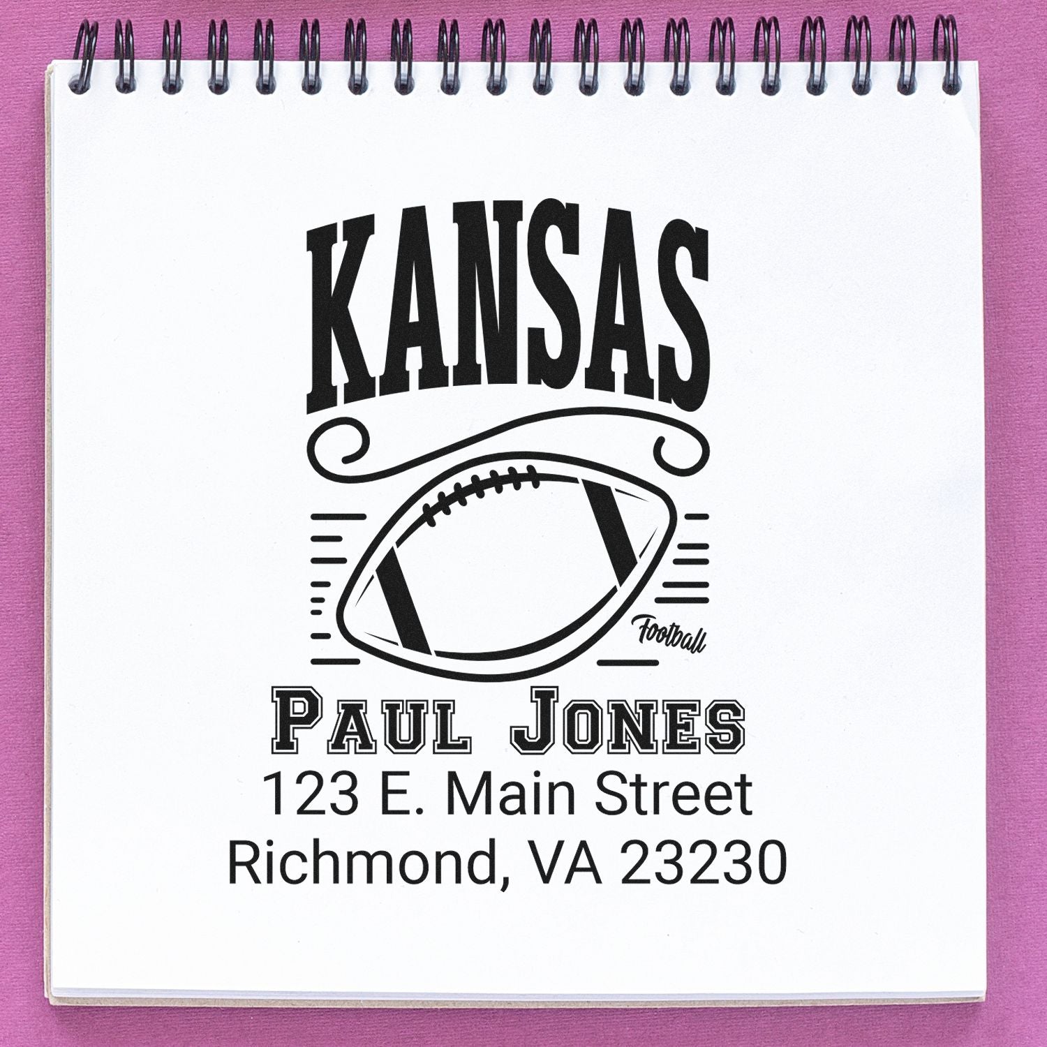 Personalized Kansas football rubber stamp design with Paul Jones and Richmond, VA address.