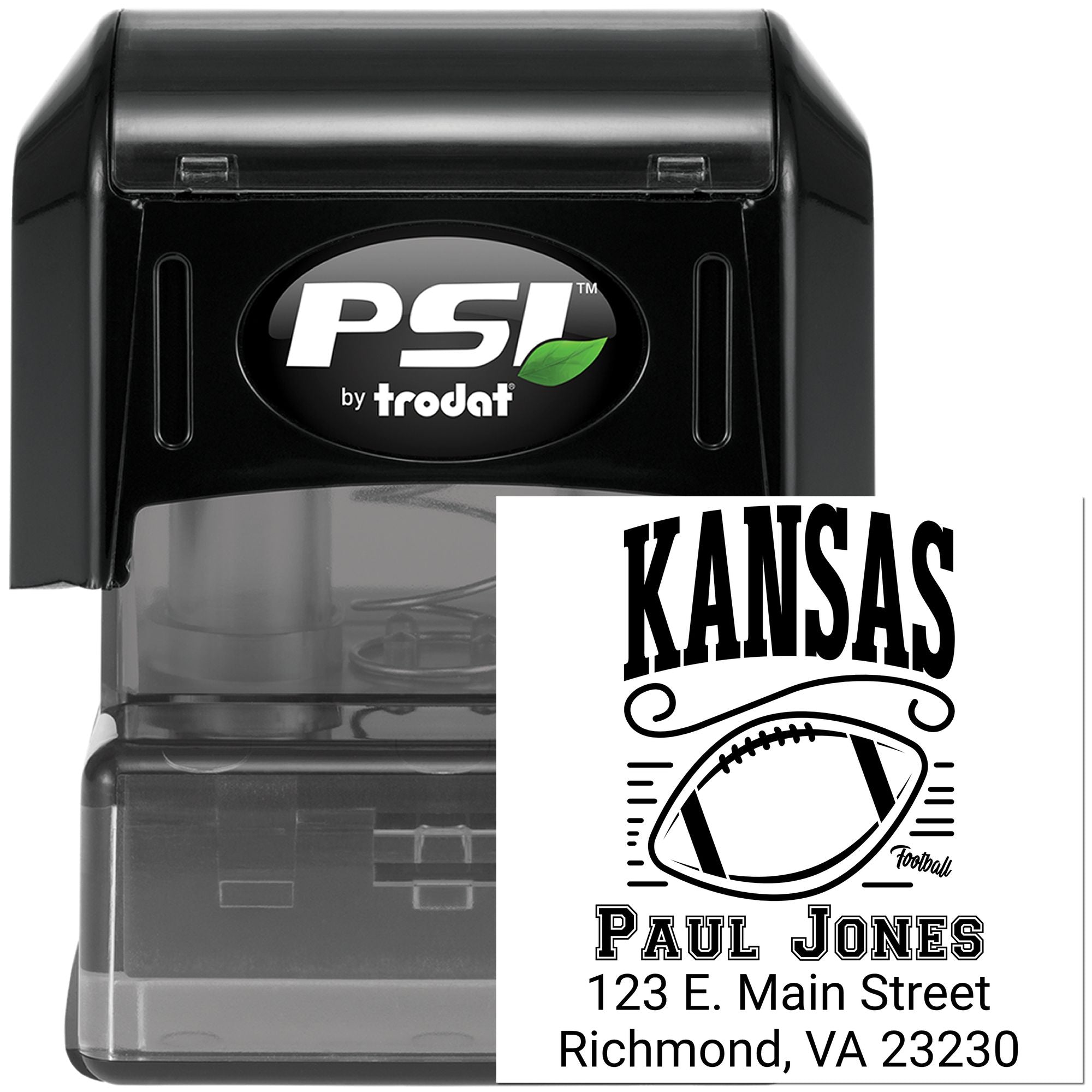 Custom Kansas football self-inking rubber stamp by PSI Trodat with name and address for return mailing.