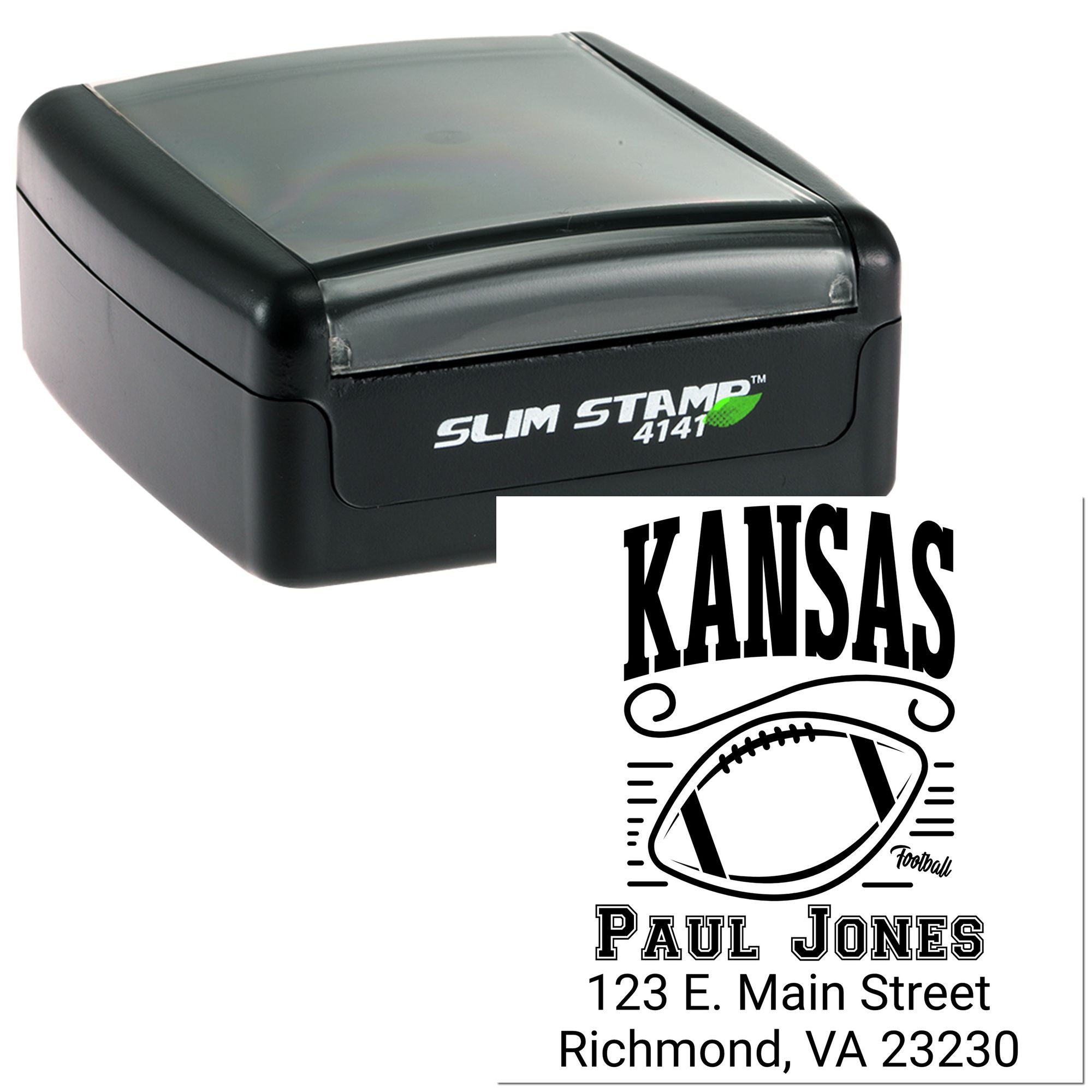 Custom self-inking rubber stamp with Kansas football return address design for Paul Jones, Richmond, VA.