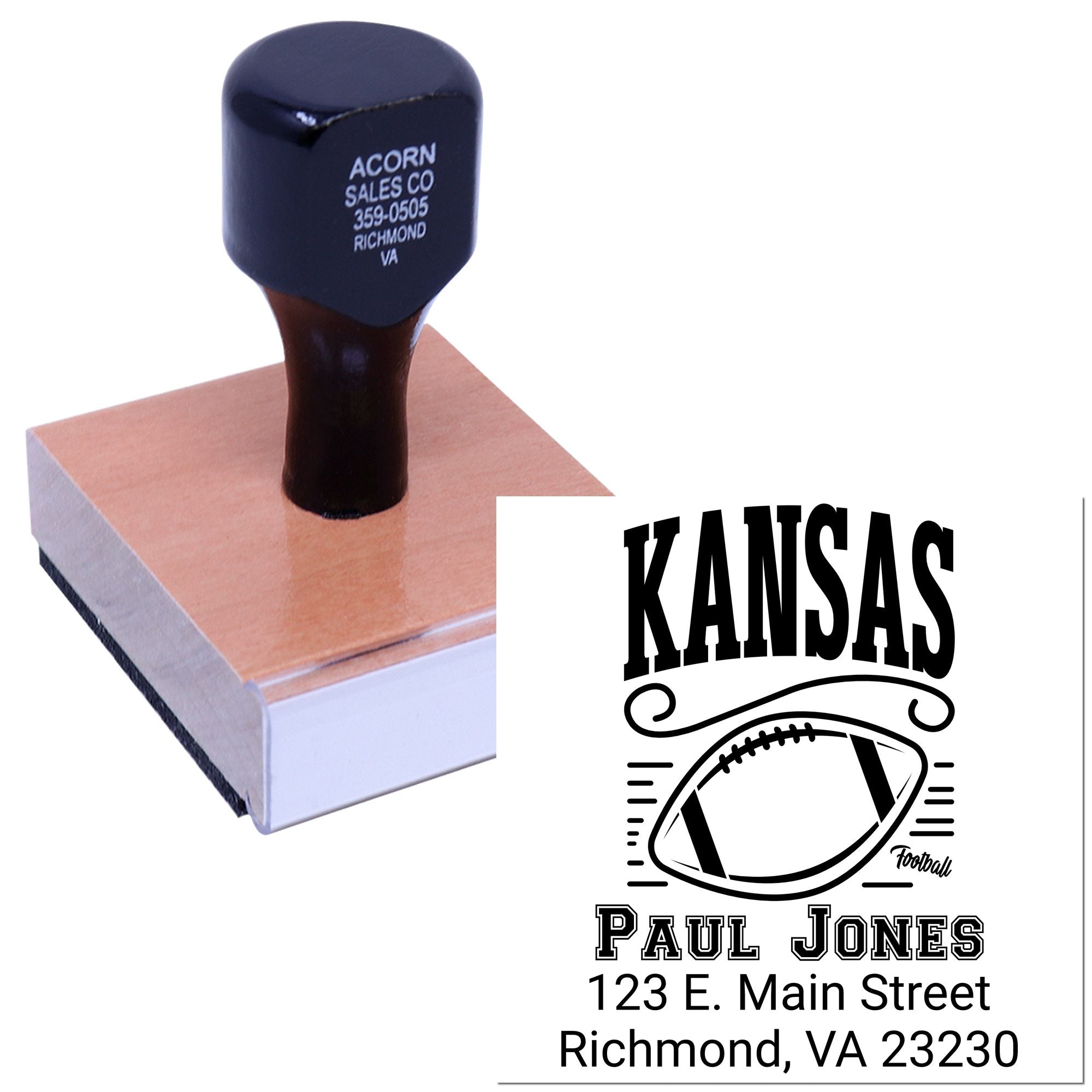 Custom rubber stamp for Kansas football return address, shown on stamp block with personalized address design.