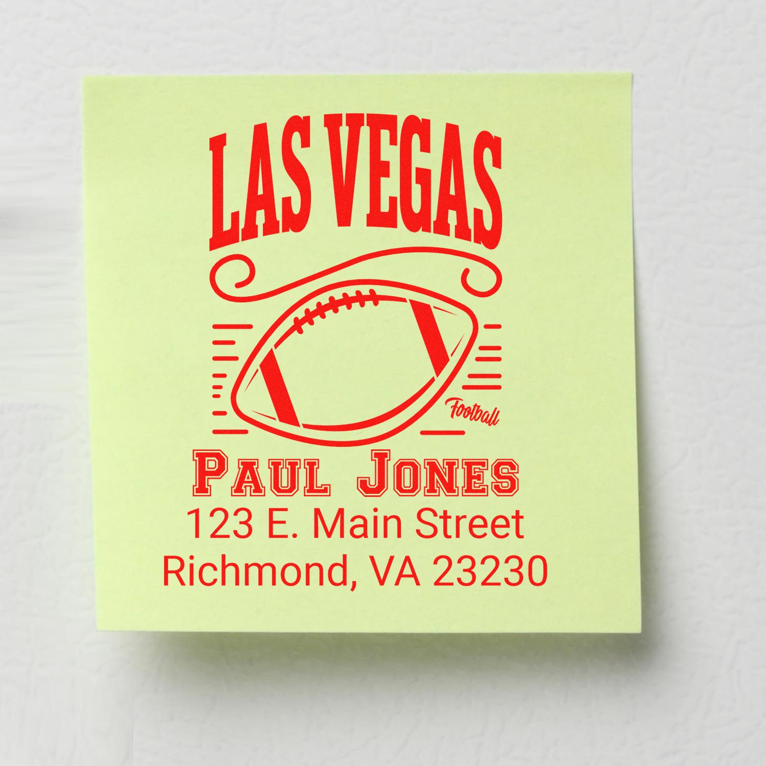Custom Las Vegas football rubber stamp design with Paul Jones name and Richmond, VA address for personalized branding.