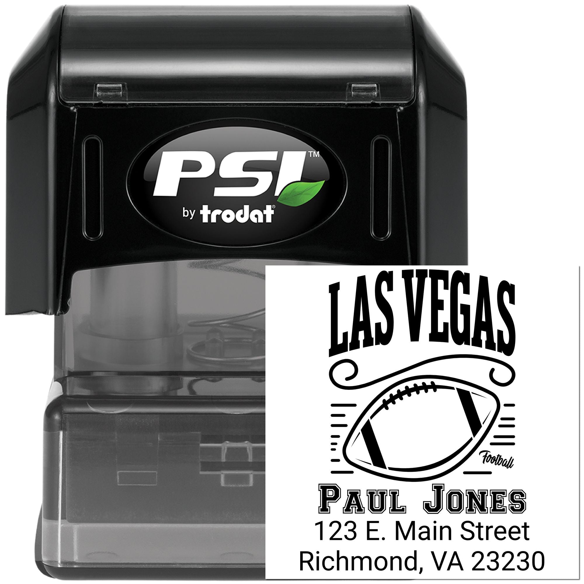 Custom self-inking address rubber stamp with football design, PSI by Trodat, for personalized mailing and return labels