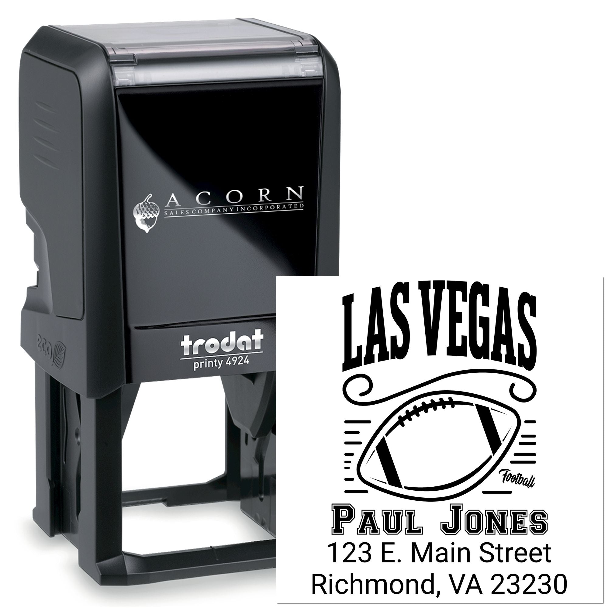 Custom self-inking rubber stamp with football logo, name, and address for personalized business or sports mailings.