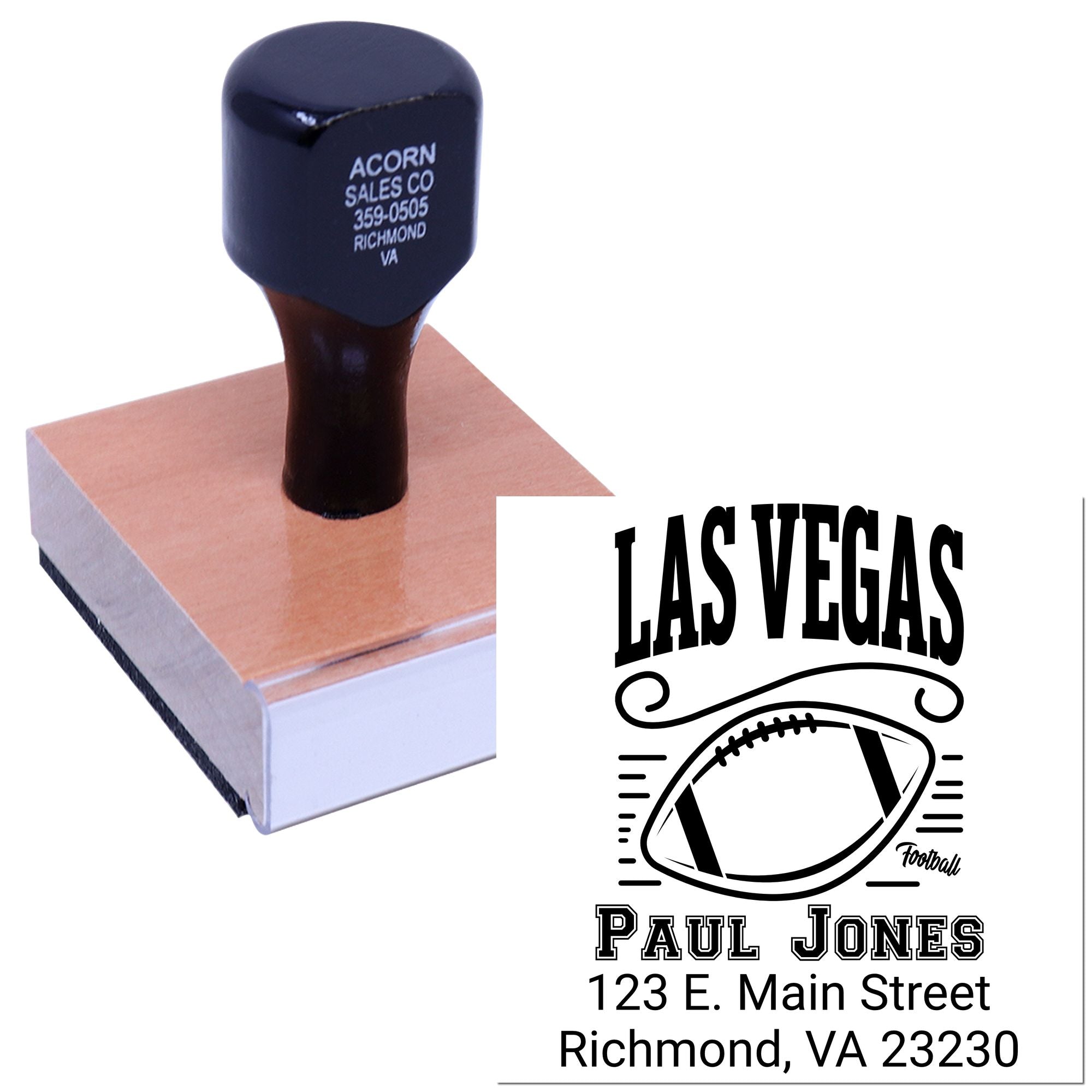 Custom address rubber stamp with wood handle featuring a Las Vegas football design for personalized business or event use.
