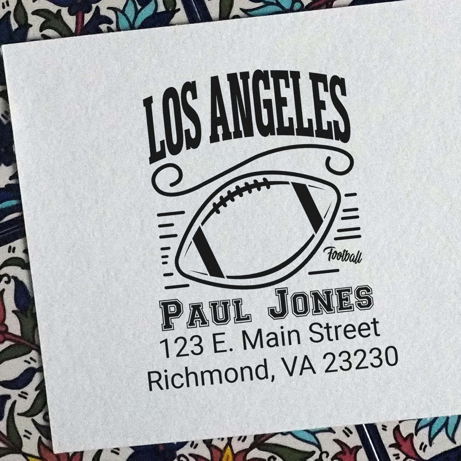 Custom football rubber stamp with Los Angeles design, Paul Jones name, and Richmond, VA return address.