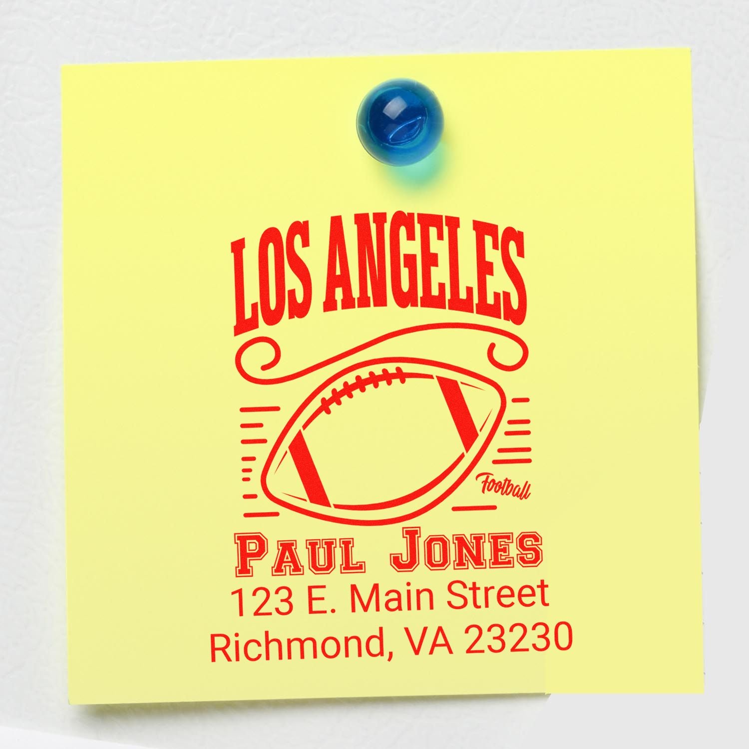 Custom rubber stamp proof for Paul Jones football design with Los Angeles text and Richmond, VA address.