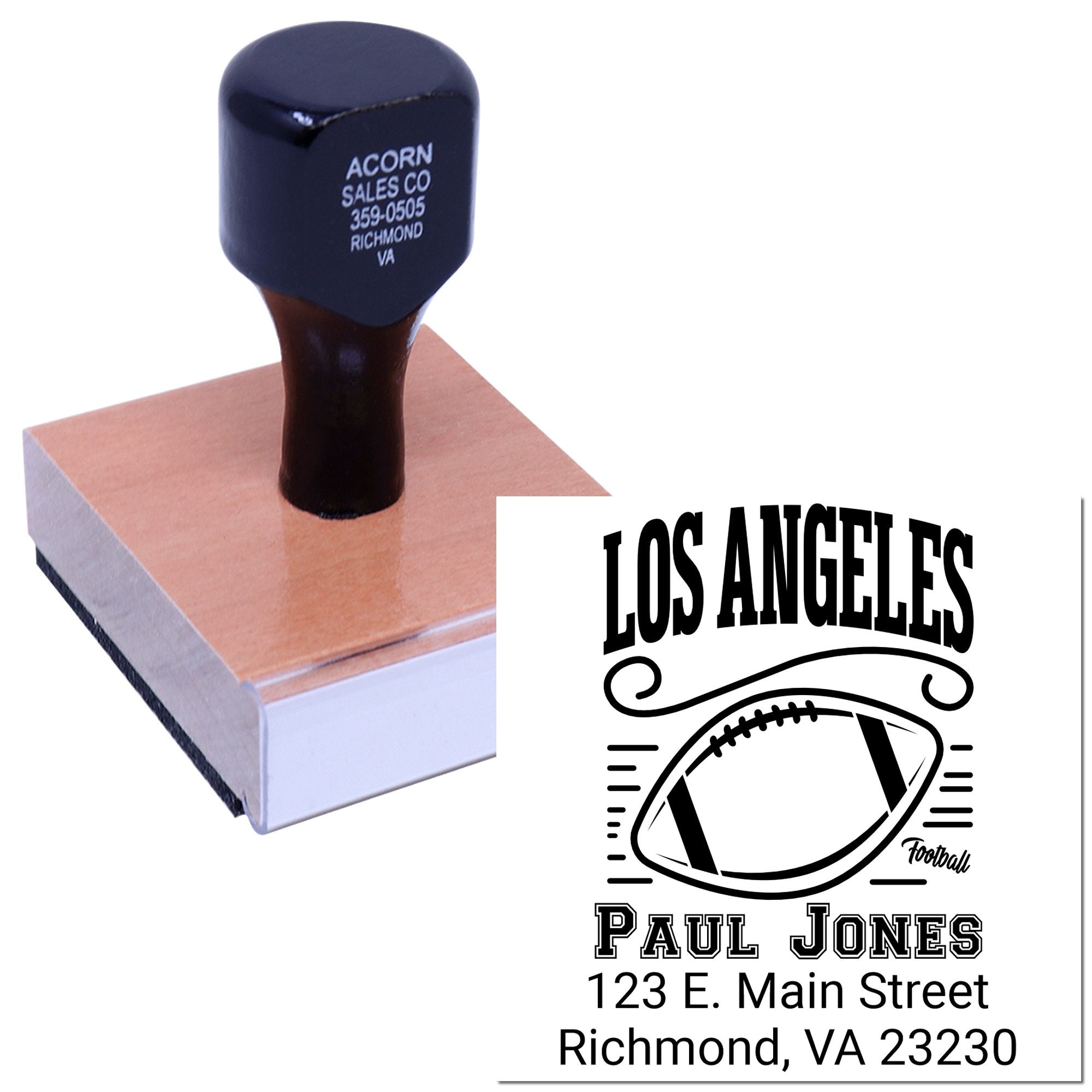 Custom football address rubber stamp with Los Angeles design, name, and Richmond, VA mailing details.