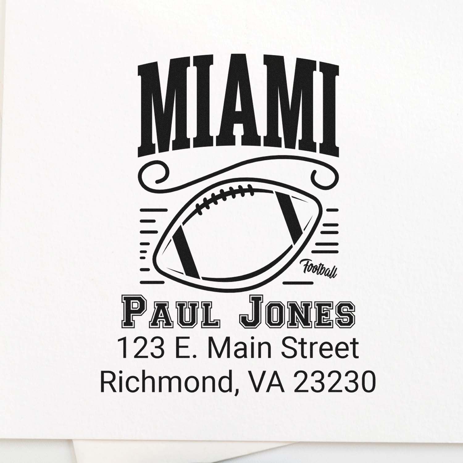 Custom Miami football rubber stamp with Paul Jones name and Richmond, VA 23230 address.