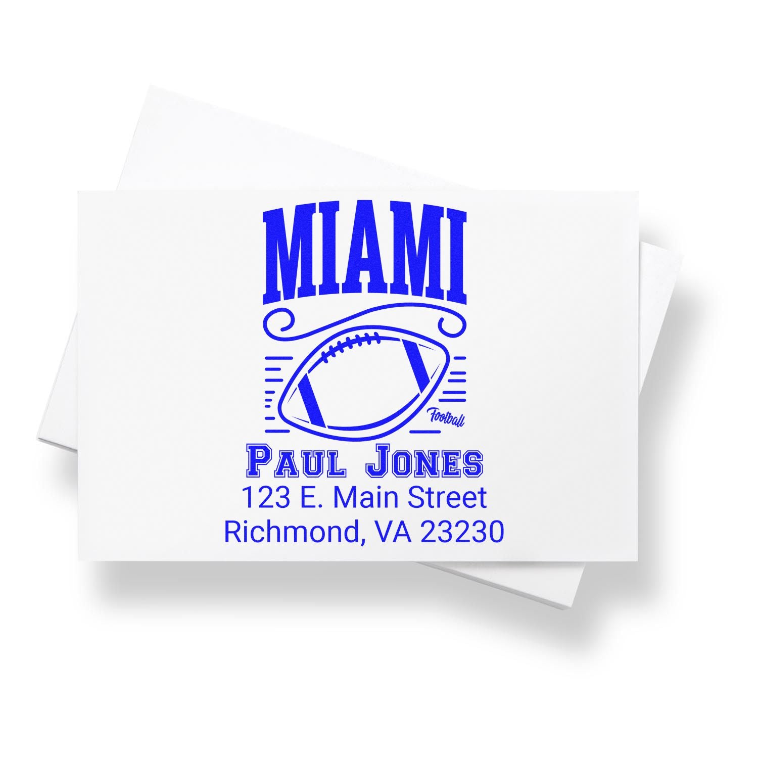 Personalized Miami football rubber stamp with Paul Jones return address for custom mail, team stationery, and sports gifts.