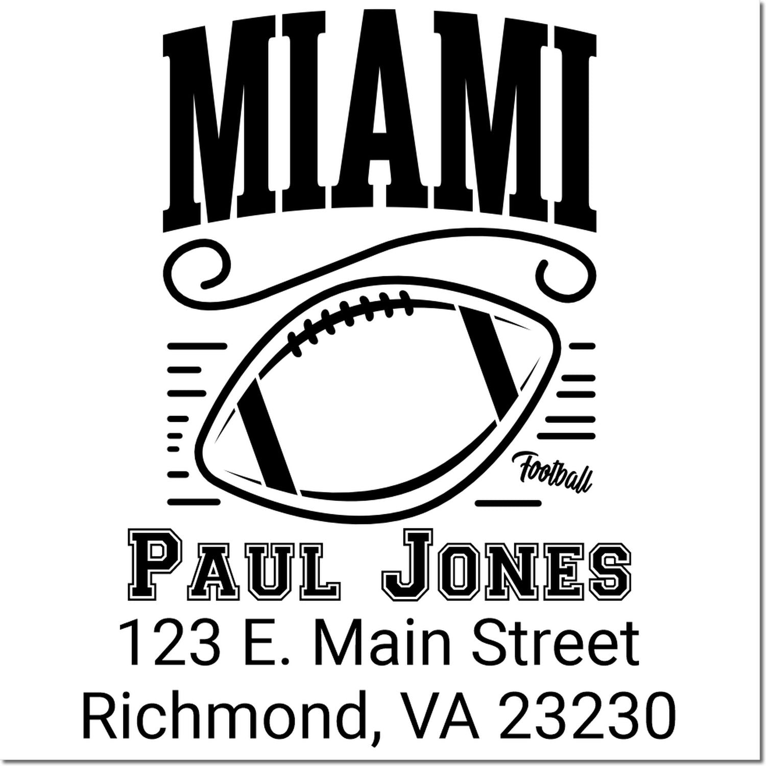Custom Miami football rubber stamp for Paul Jones with Richmond, VA address and personalized name design.