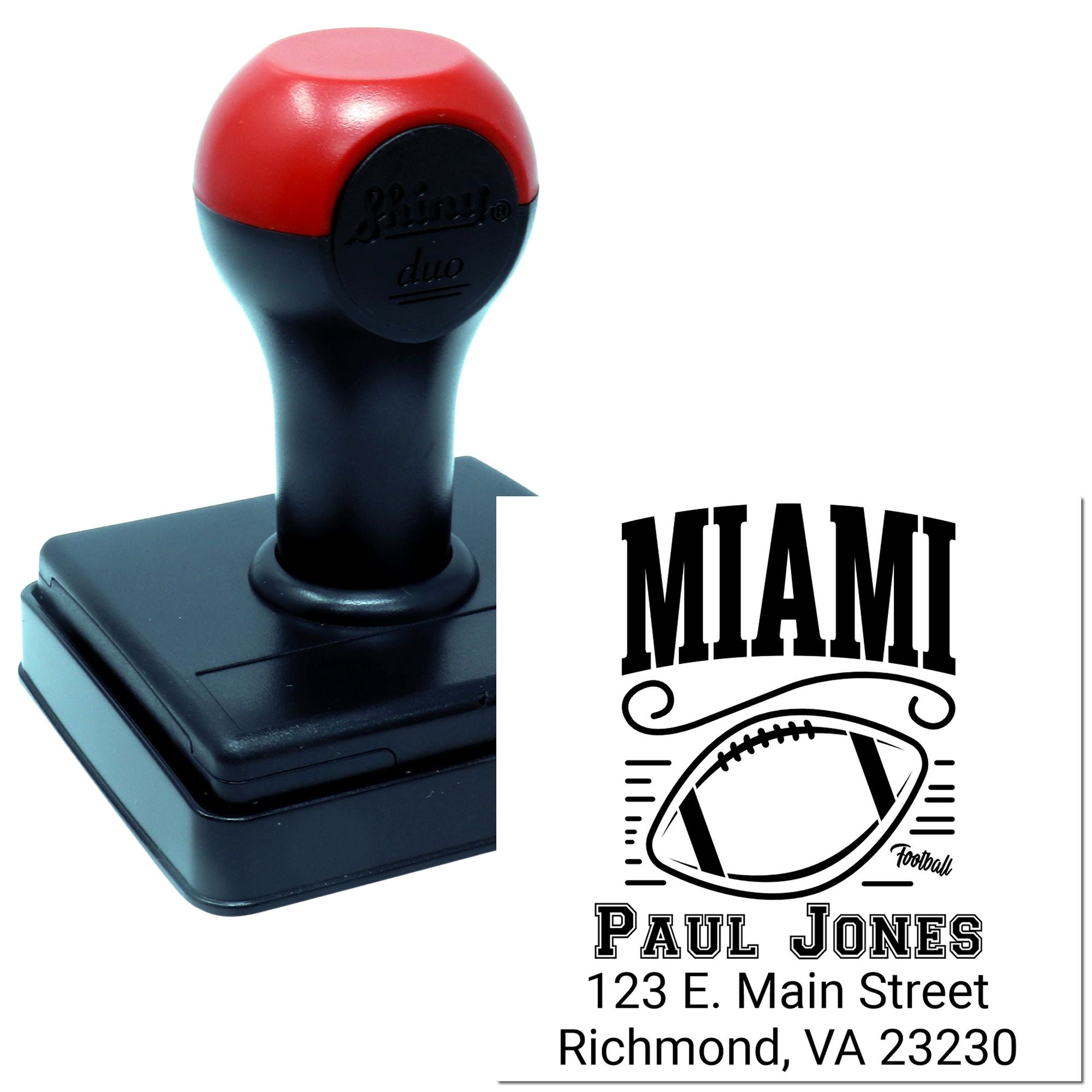 Custom self-inking Miami football address rubber stamp for Paul Jones with name, street, and Richmond, VA return address.