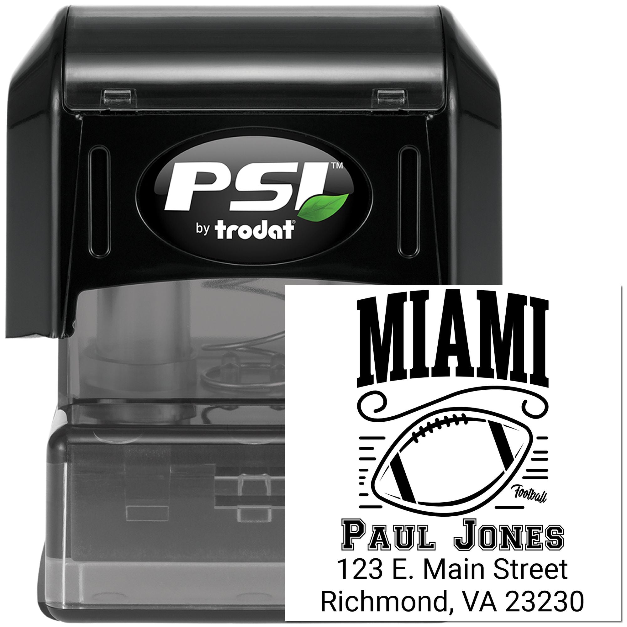 Custom self-inking rubber stamp by PSI Trodat with Miami football design, name, and address for personalized stamping.