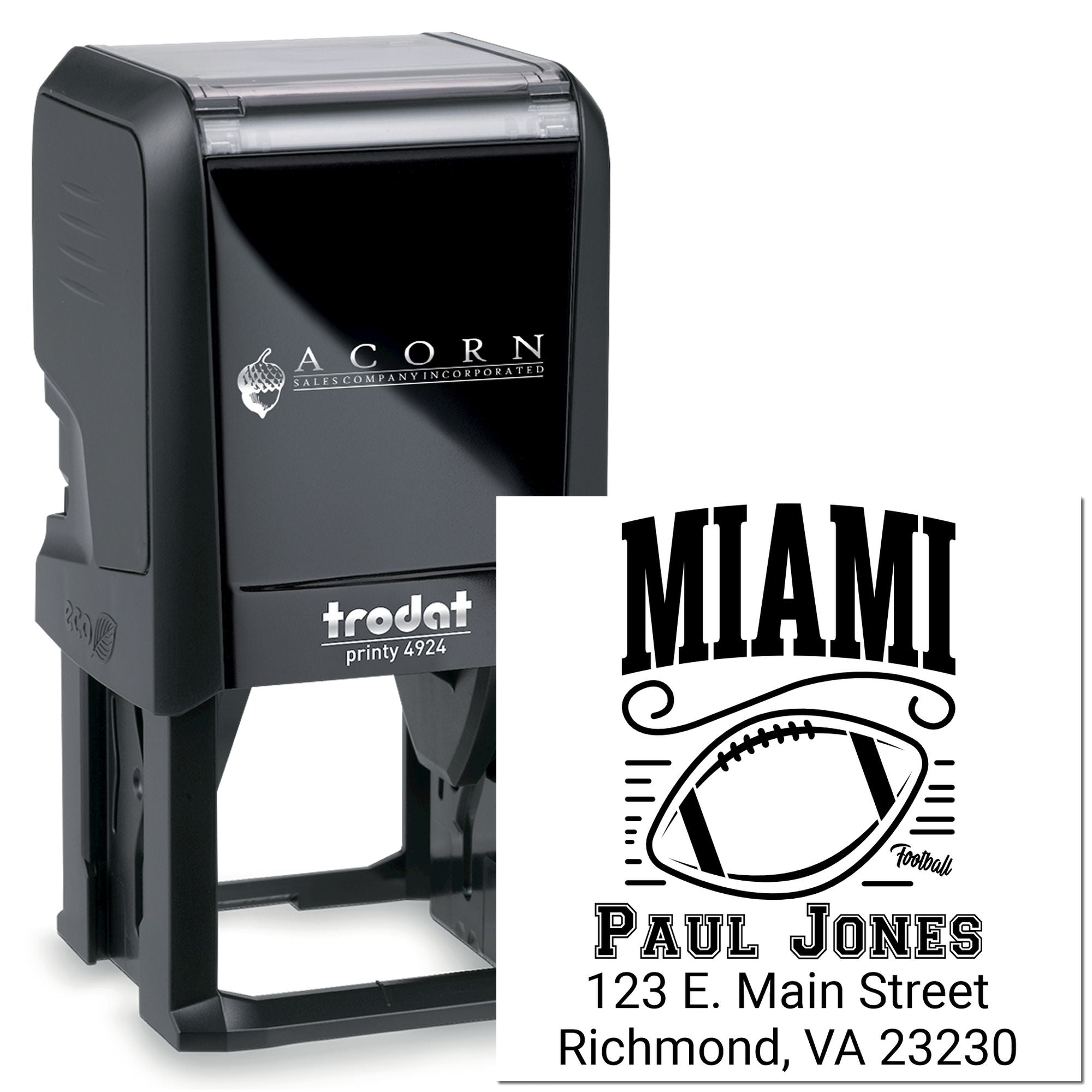 Custom self-inking rubber stamp with football design and return address for Miami address labeling.
